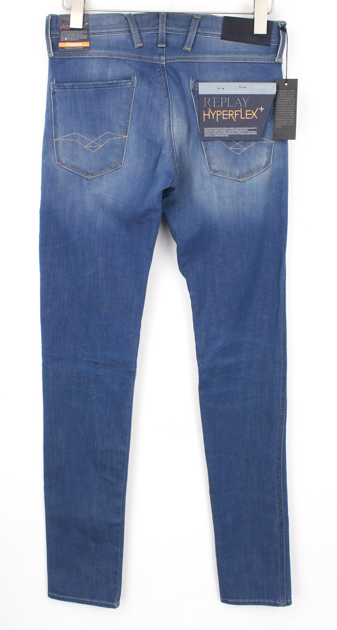 REPLAY Anbass W29/L34 Men's Slim Hyperflex Blue Twill Jeans Zipped Leg
