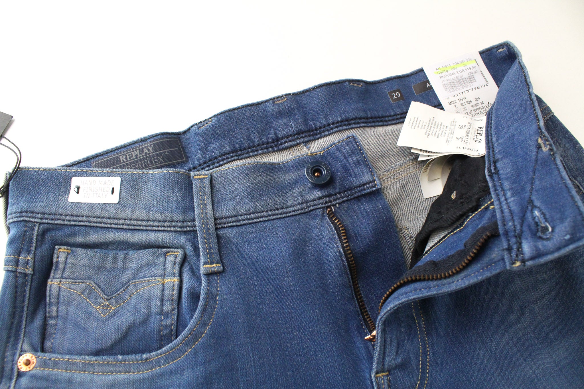 REPLAY Anbass W29/L34 Men's Slim Hyperflex Blue Twill Jeans Zipped Leg