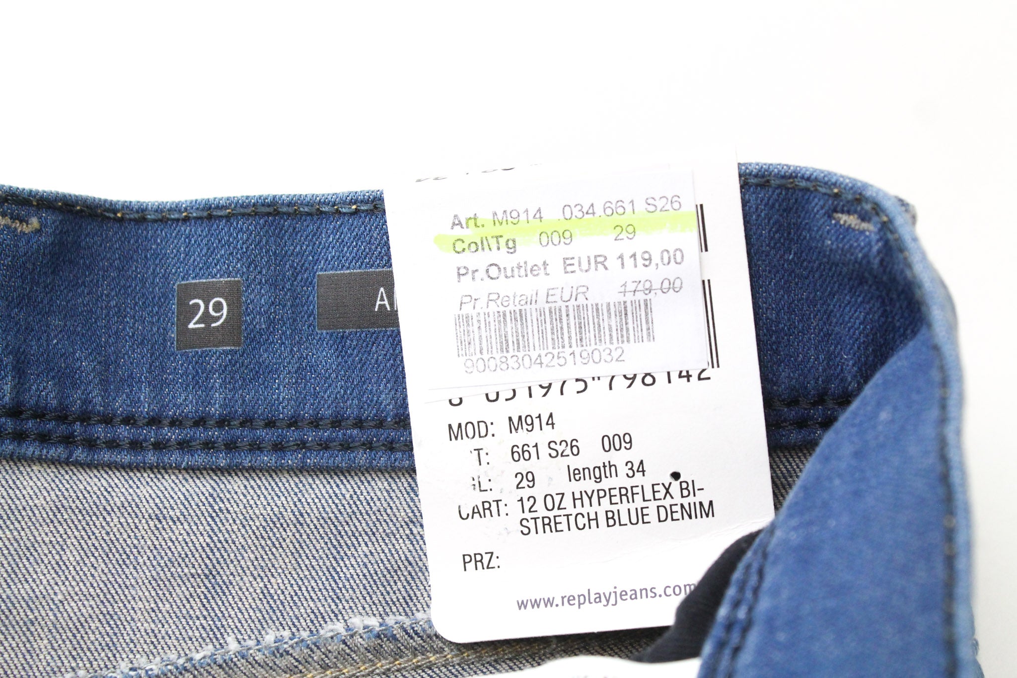 REPLAY Anbass W29/L34 Men's Slim Hyperflex Blue Twill Jeans Zipped Leg