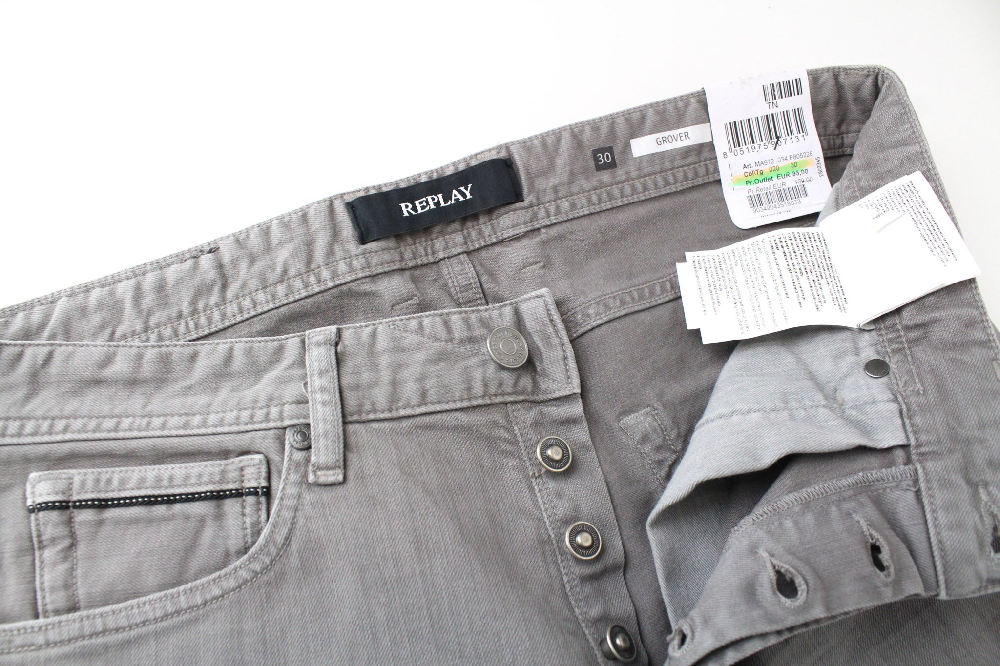 REPLAY Grover W30/L34 Grey Twill Straight Fit Stretch Jeans Button Fly