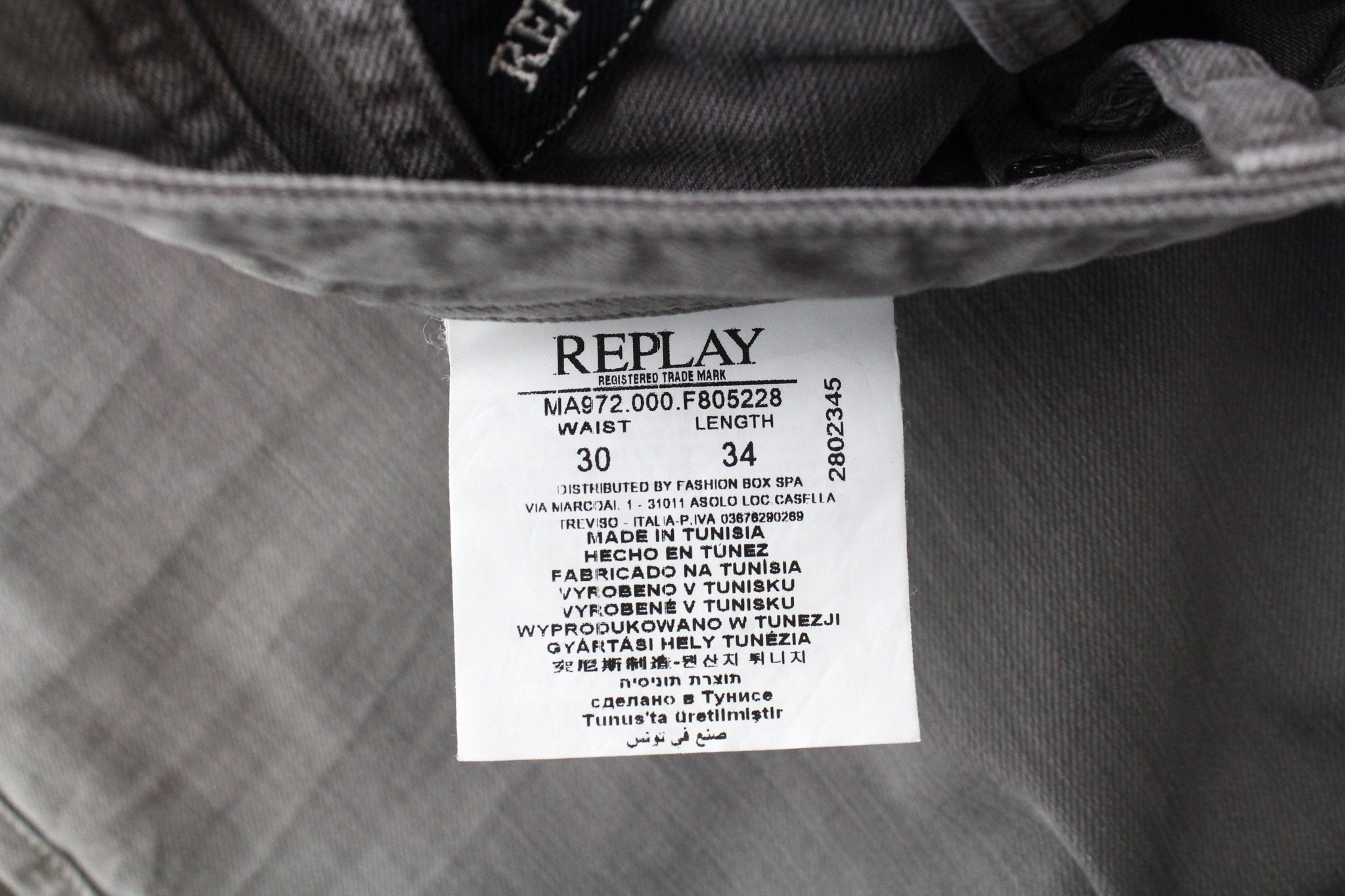 REPLAY Grover W30/L34 Grey Twill Straight Fit Stretch Jeans Button Fly