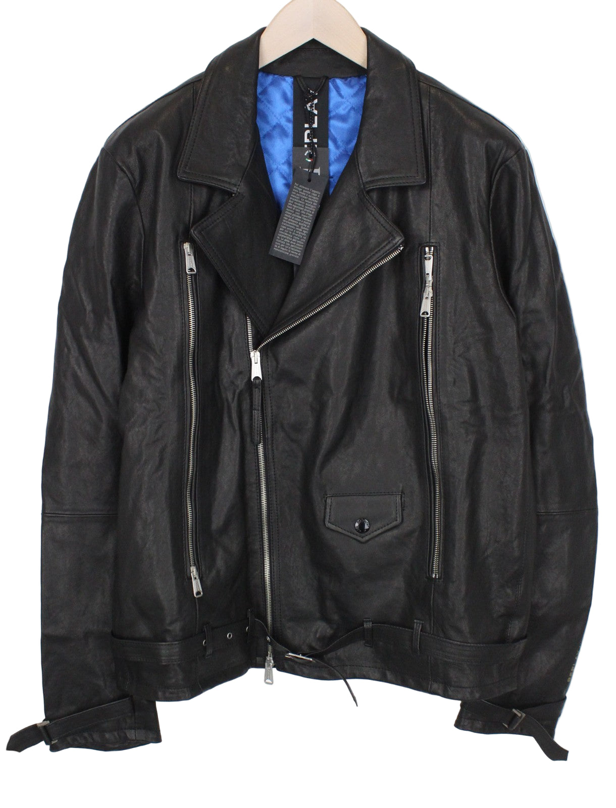 REPLAY Black Leather Jacket XL Men's Lined Biker Zip-Up Classic RRP499