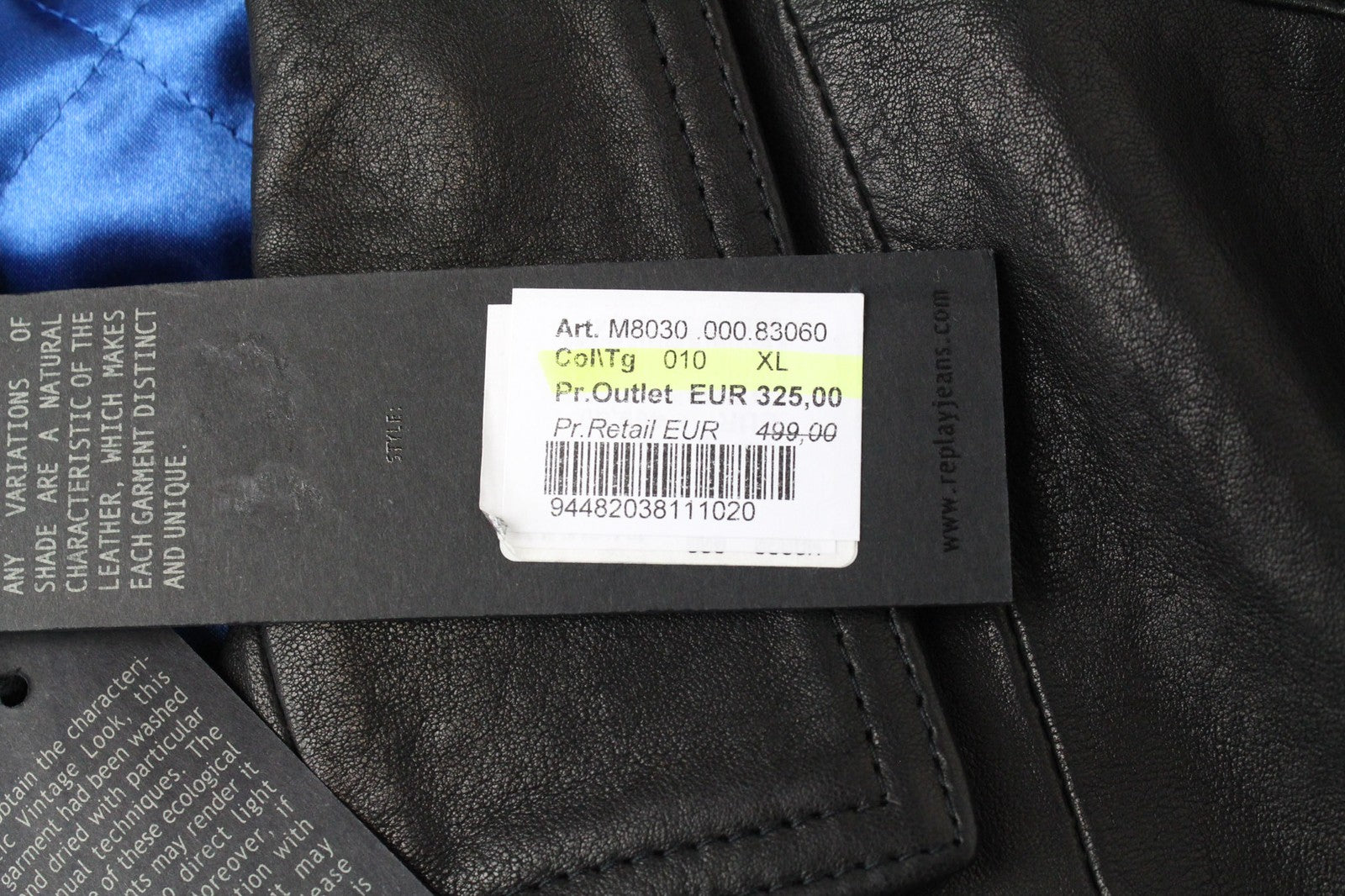 REPLAY Black Leather Jacket XL Men's Lined Biker Zip-Up Classic RRP499