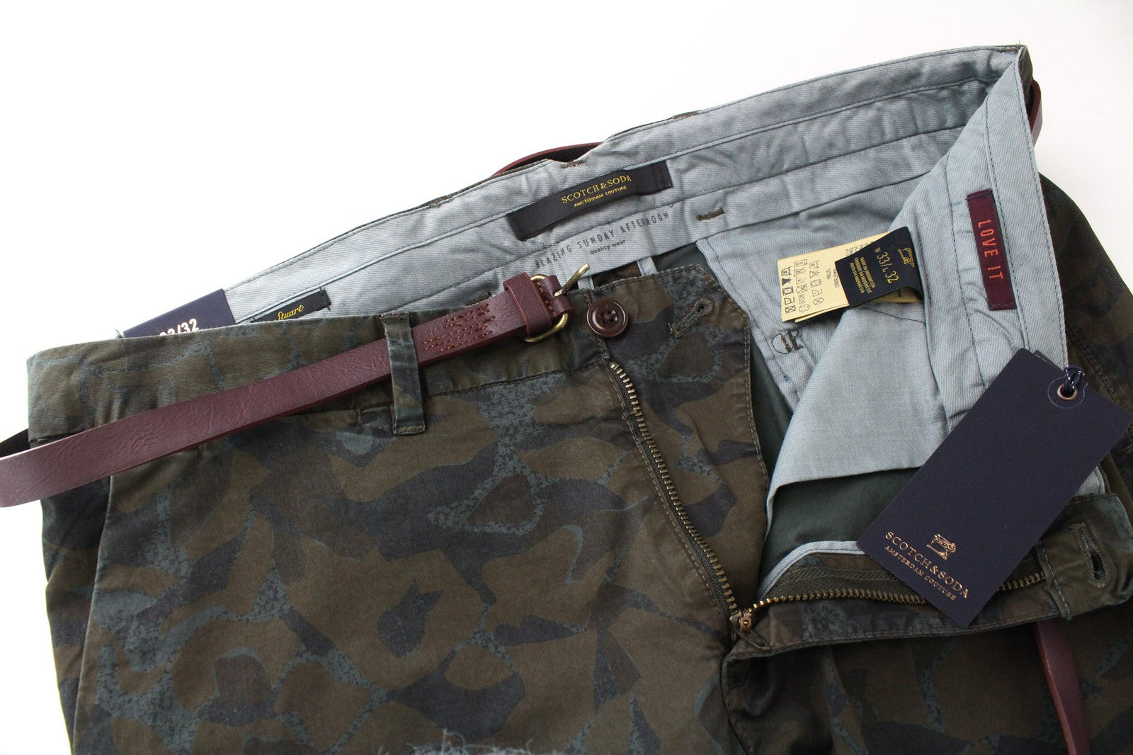 SCOTCH & SODA Stuart Chino W33/L32 Green Men's Slim Camo Dyed Trousers