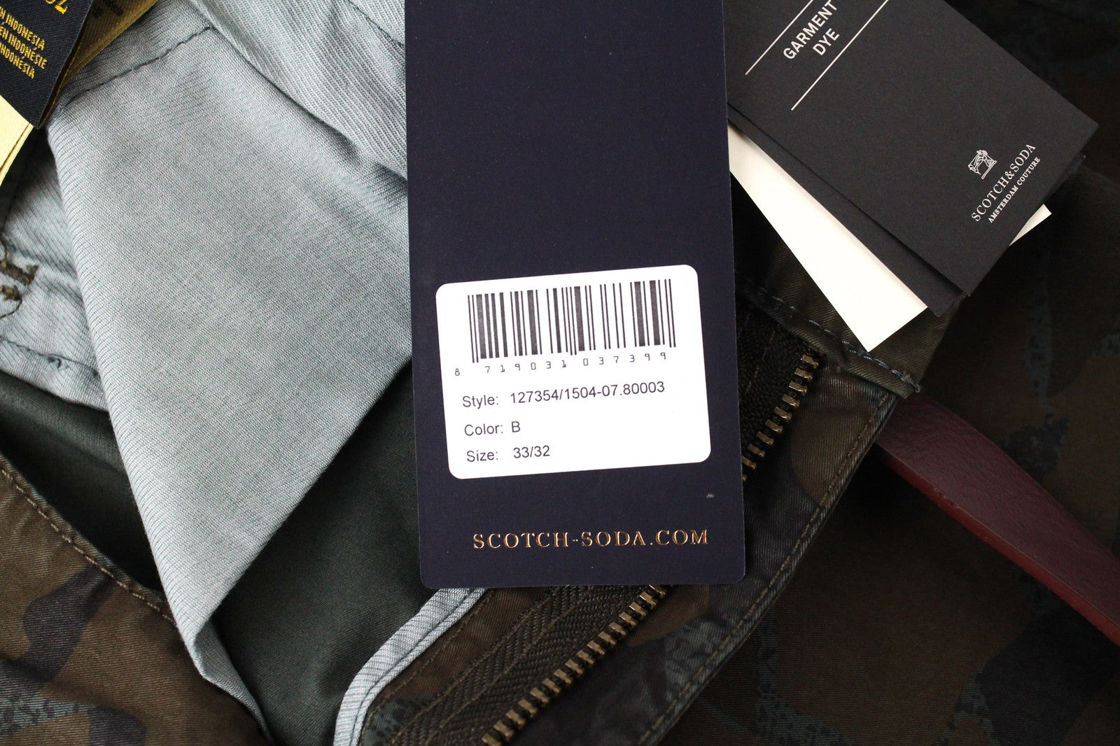 SCOTCH & SODA Stuart Chino W33/L32 Green Men's Slim Camo Dyed Trousers