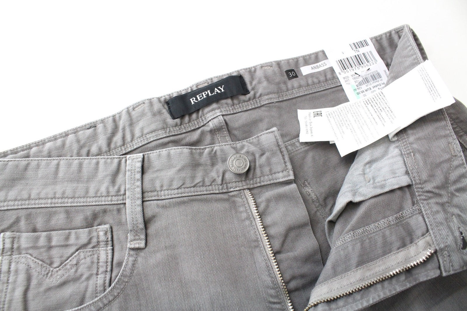 REPLAY Anbass Men's Jeans W30/L34 Grey Slim Casual Stretch Denim with 5 Pockets