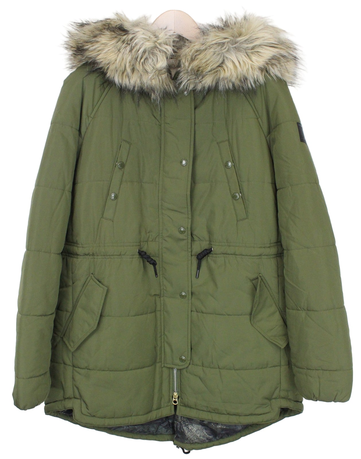 REPLAY Women's Hooded Parka M Green Faux Fur Zip Snap Lined Padded Jacket