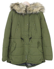 REPLAY Women's Hooded Parka M Green Faux Fur Zip Snap Lined Padded Jacket