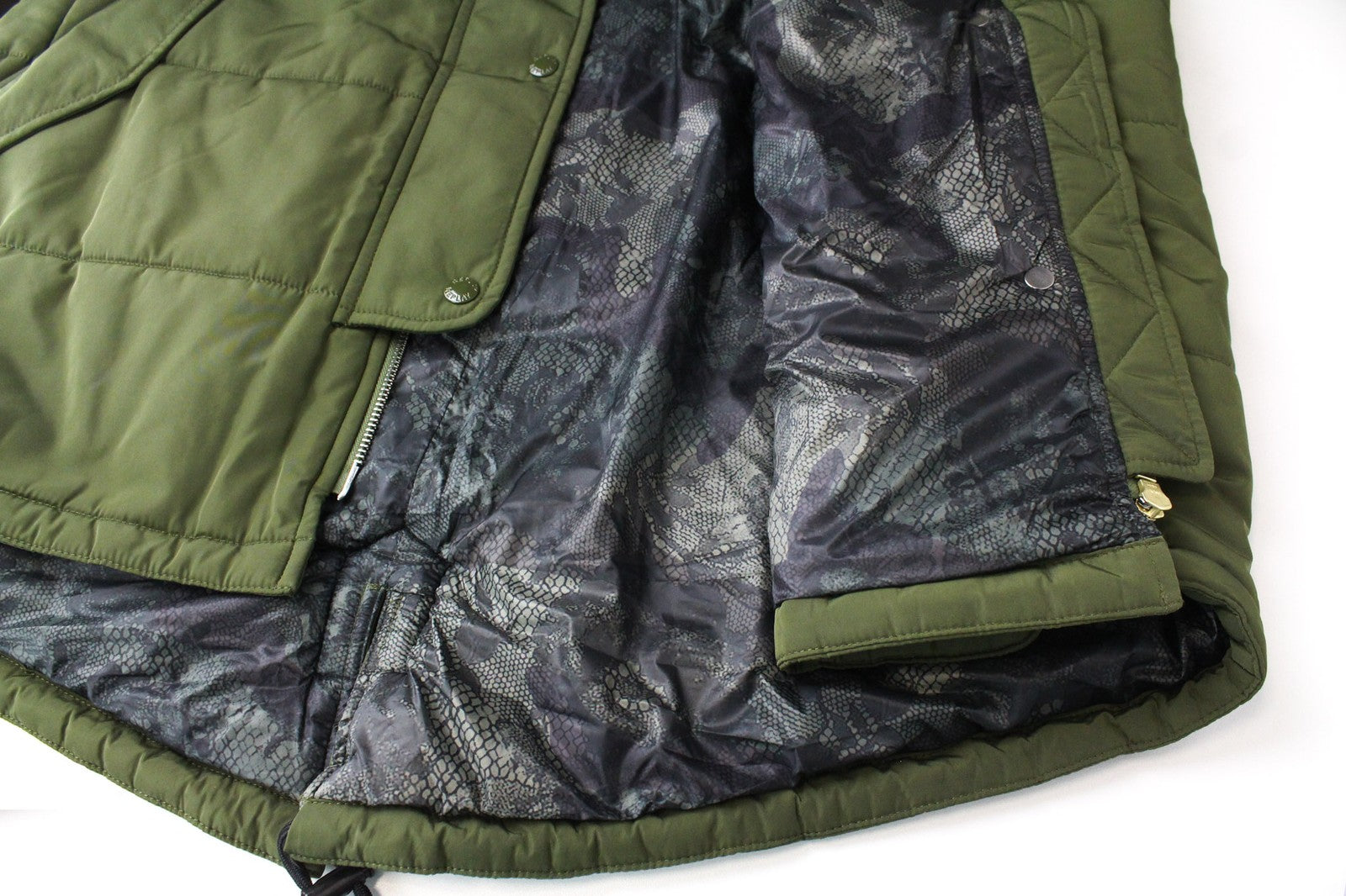 REPLAY Women's Hooded Parka M Green Faux Fur Zip Snap Lined Padded Jacket