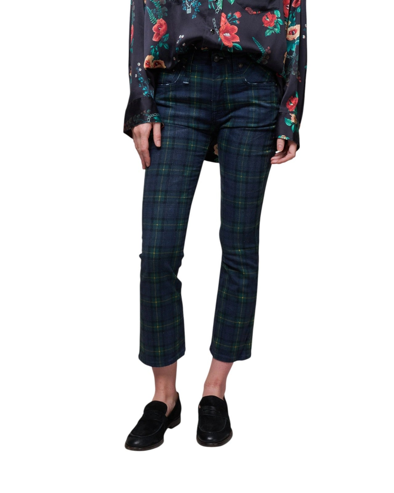 R13 Kick Fit Women Trousers 27 Printed Tartan Slim Straight Fit Ankle RRP€599