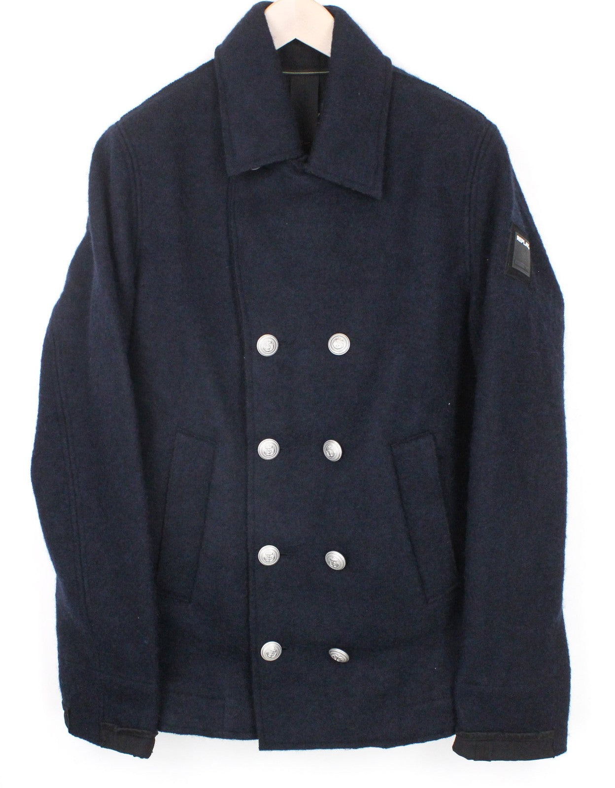 REPLAY Men's Jacket L Navy Blue Wool Blend Lined Double-Breast Casual Fit