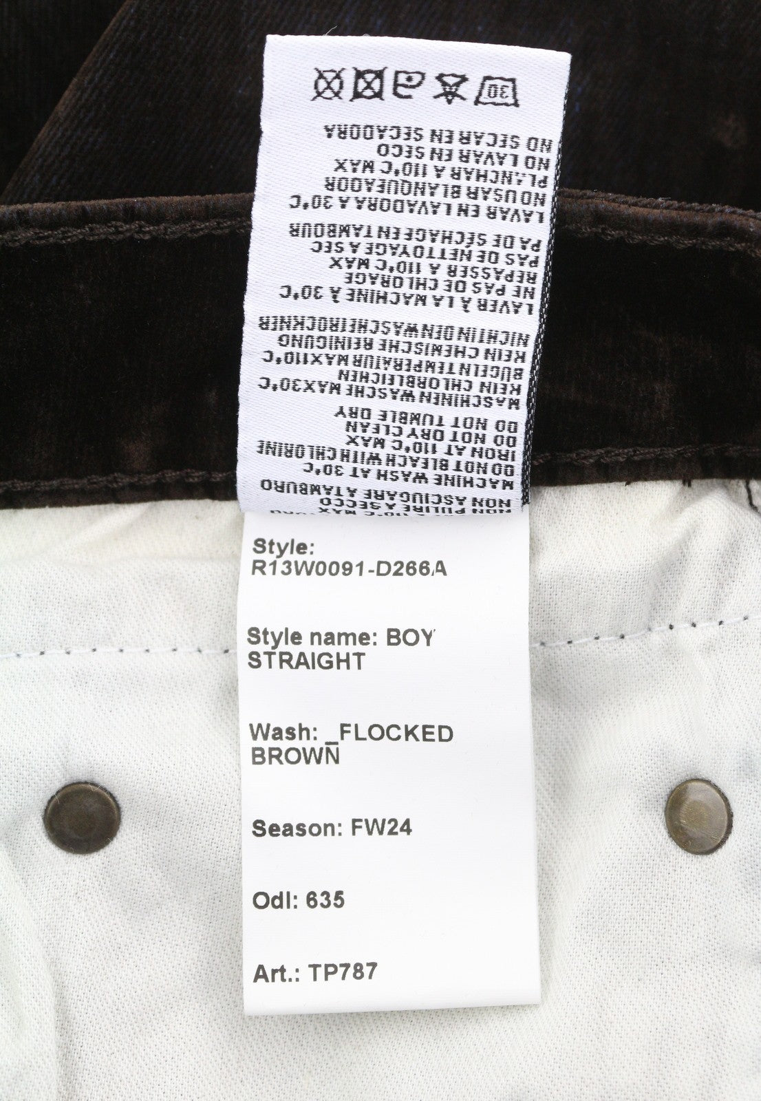 R13 Boy Straight Women Jeans 26 Flocked Brown Mid Rise Zip Fly Ankle Cropped