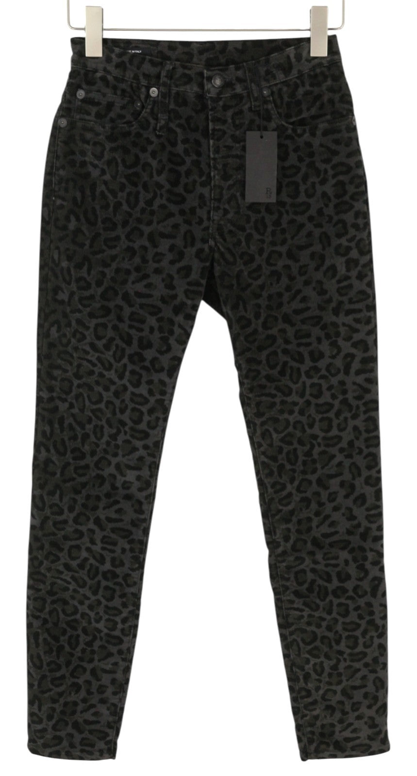 R13 High Rise Skinny Women Trousers 27 Midnight Leopard Corduroy Zipper Grey