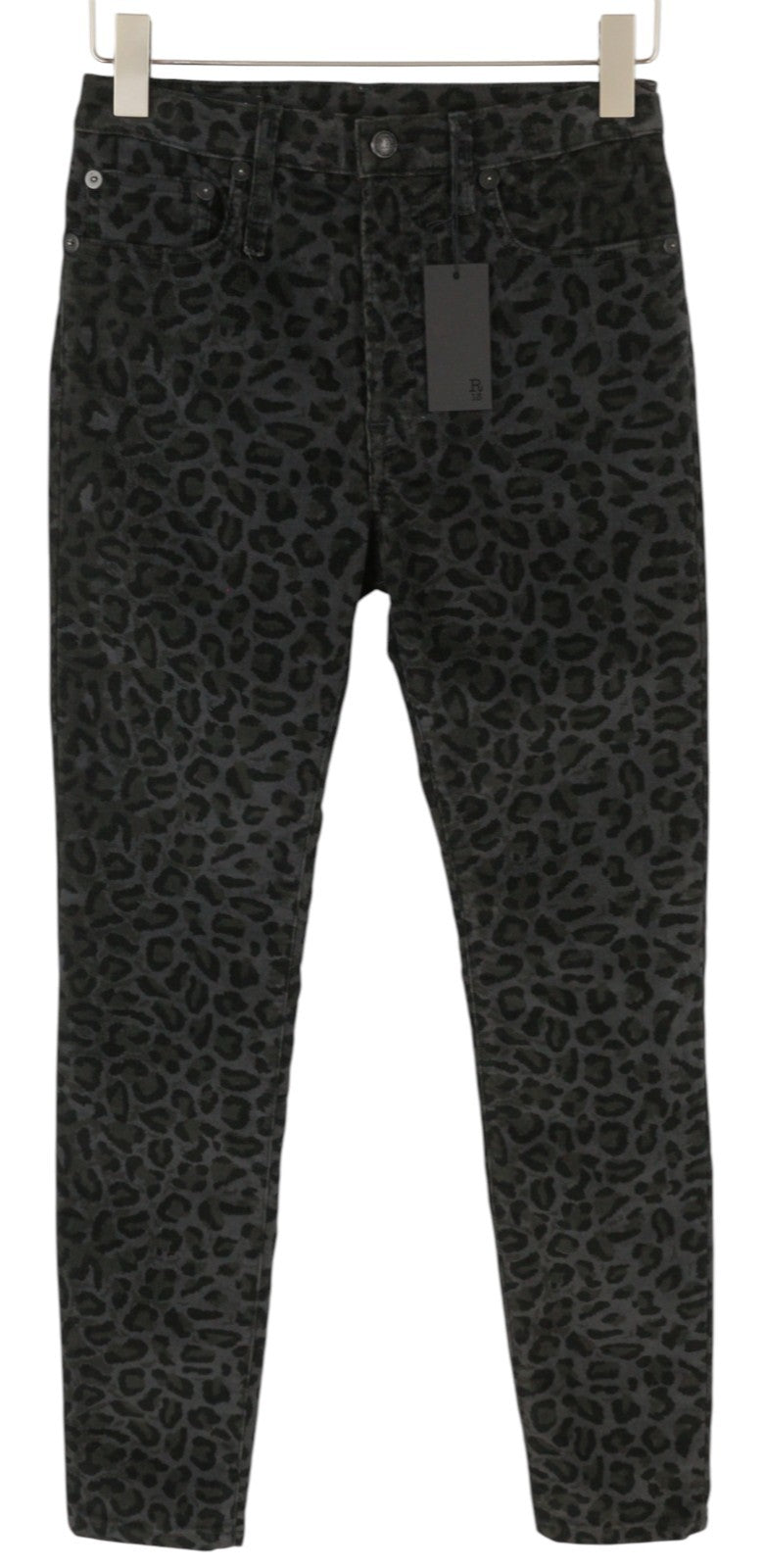 R13 High Rise Skinny Women Trousers 27 Midnight Leopard Corduroy Zip Fly Grey