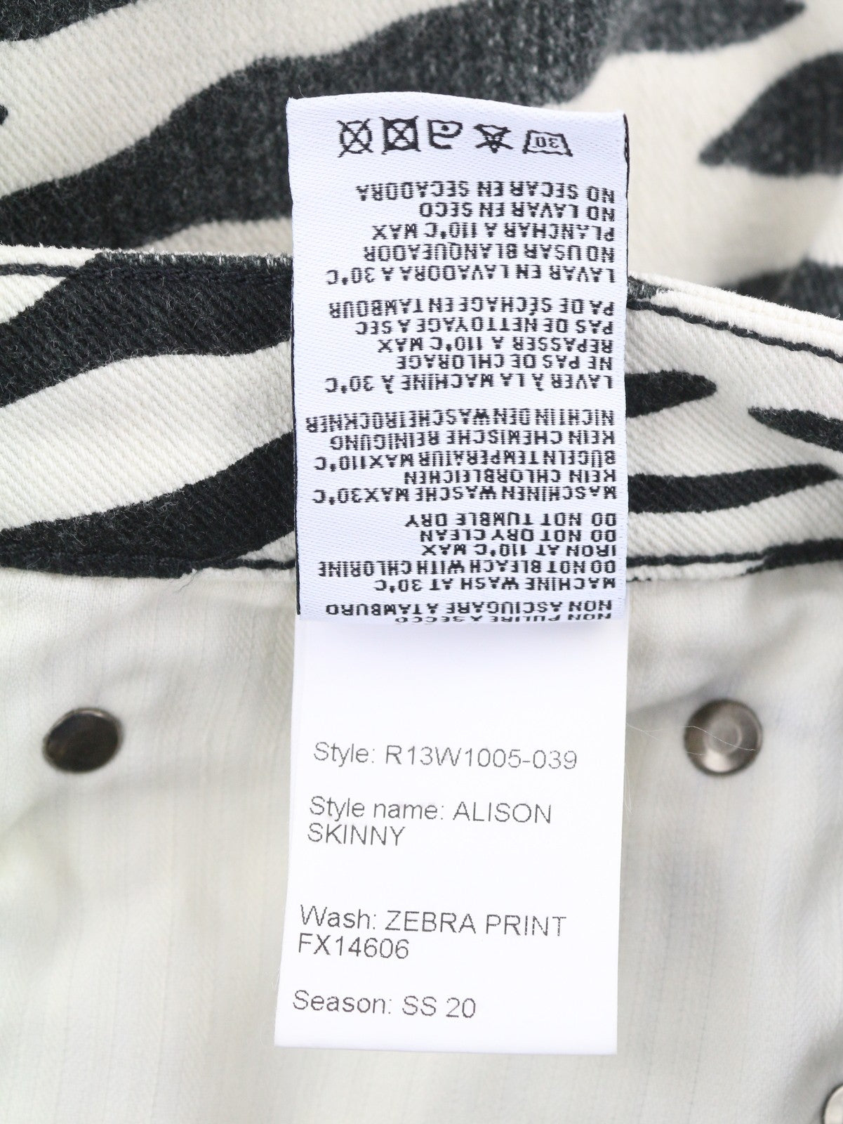 R13 Alison Skinny Women Jeans 27 Zebra Print Zipper Casual Denim Logo RRP€599