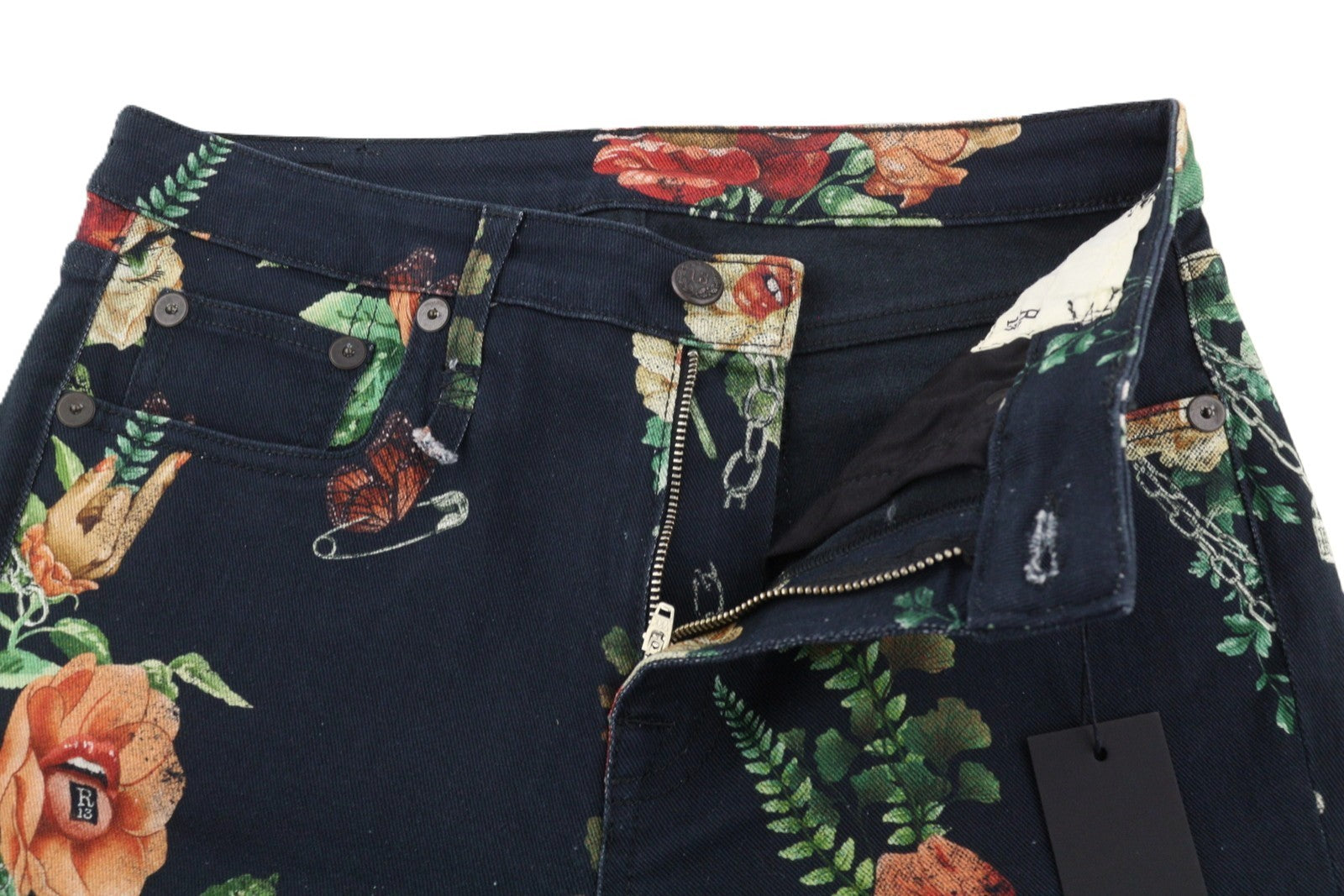 R13 Kick Fit Women Jeans 28 Useless Treasueres Black Floral Print Ankle Cropped