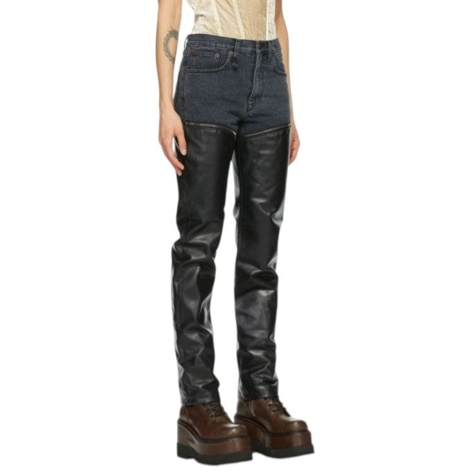 R13 Zip-Off Axl Slim With Leather Legs Women Jeans 27 Stone Black Denim RRP€999