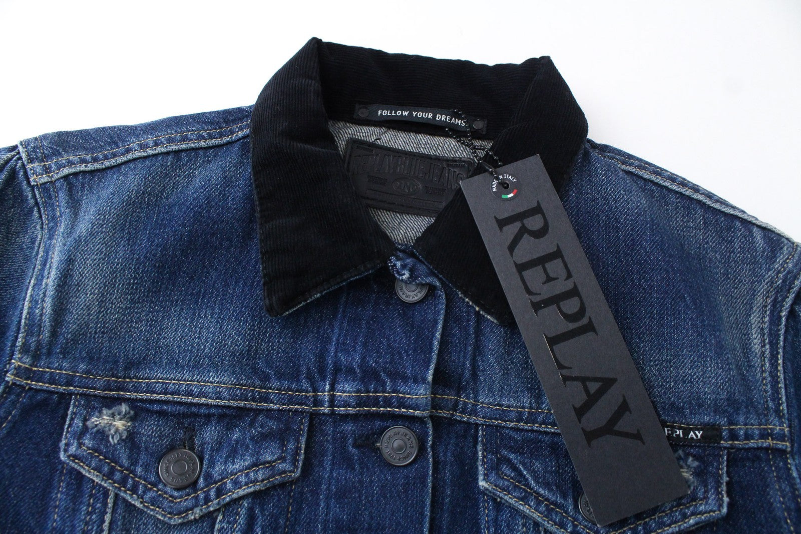 REPLAY Women's Jacket S Cropped Denim Long Sleeve Blue Cotton Washed Collared