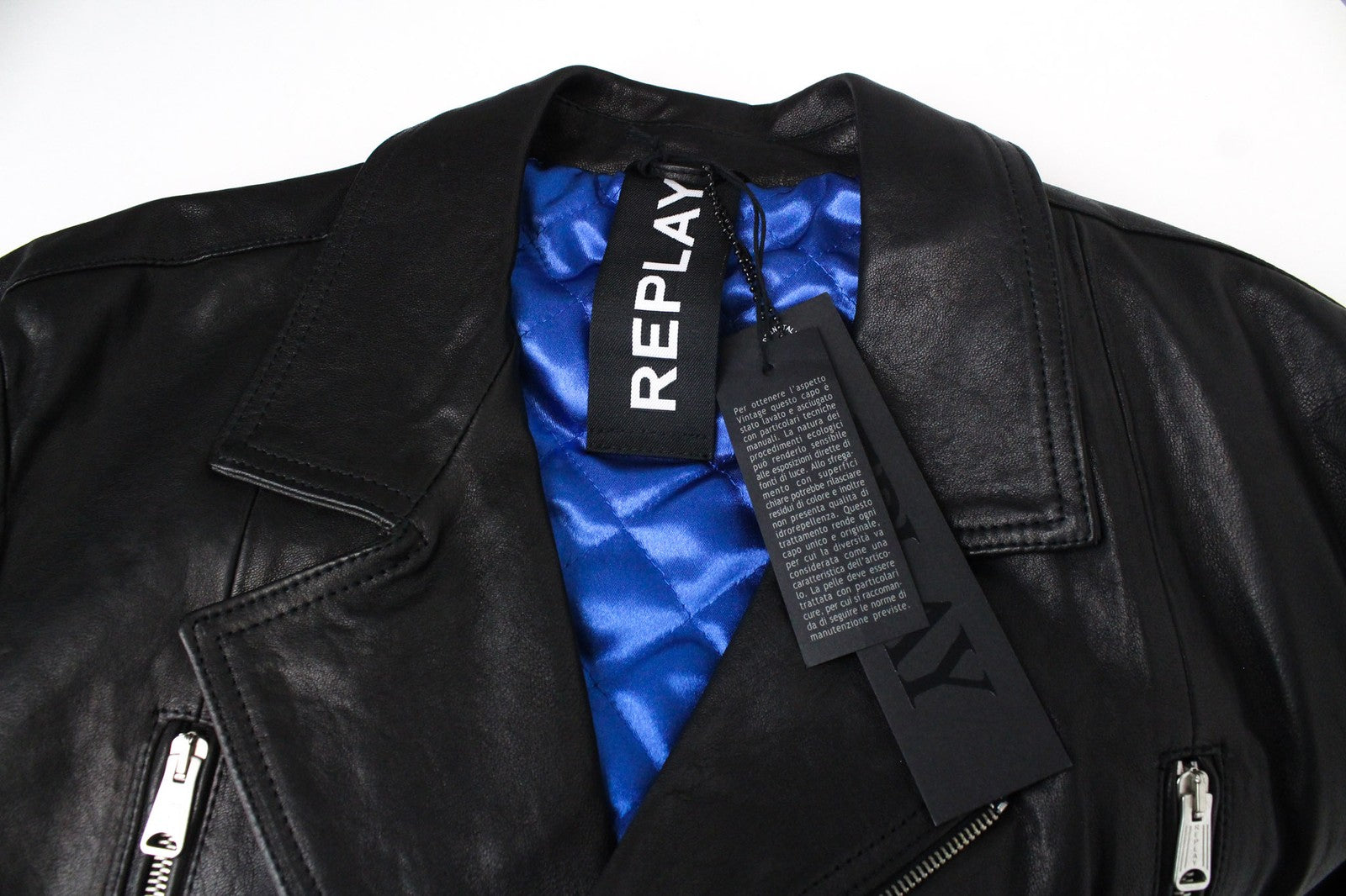 REPLAY Men's Jacket XL Black Lambskin Leather Zip-Up Classic Slim RRP€499