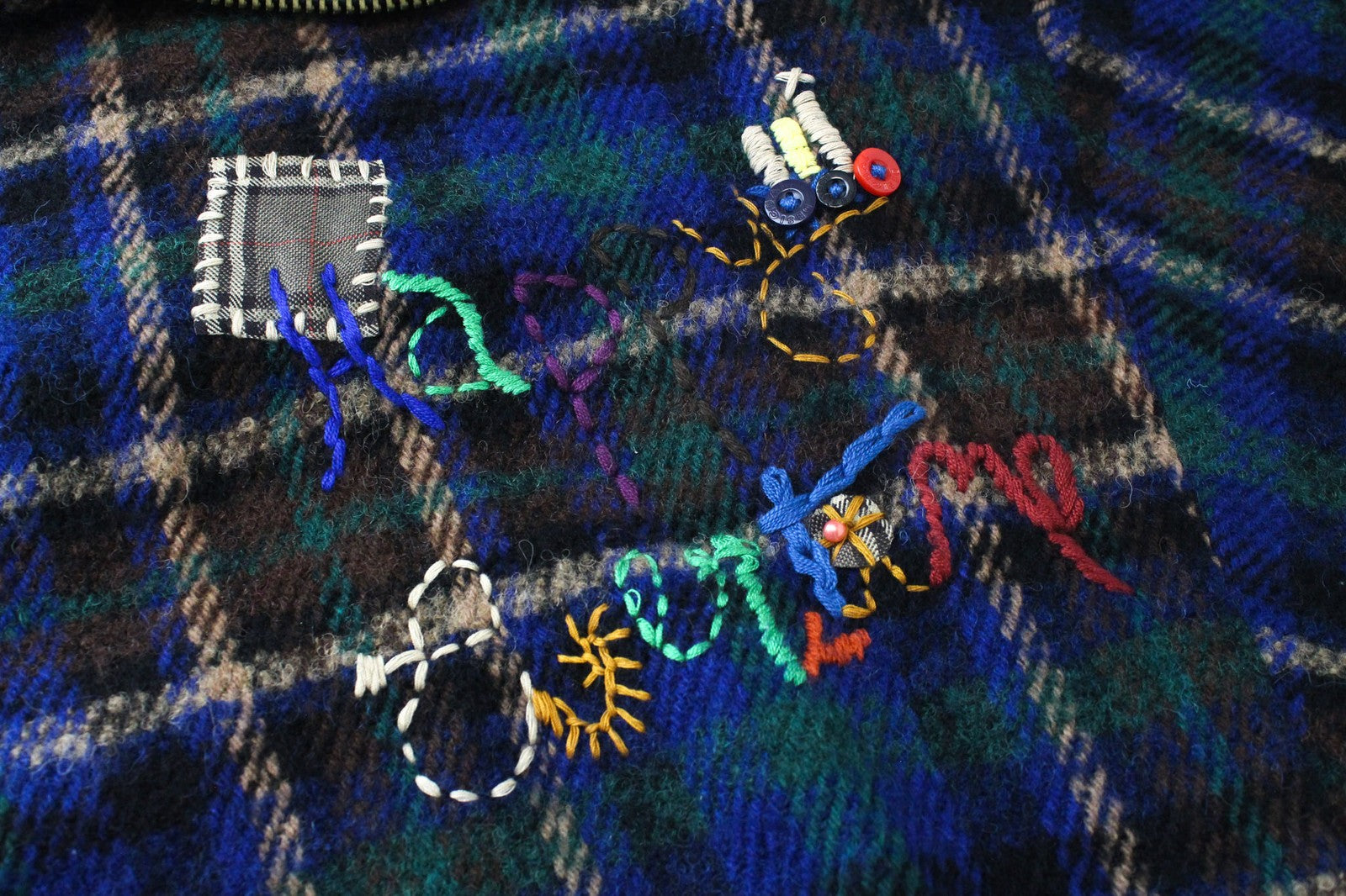 DESIGUAL Women's Coat EU 40 Blue Tartan Wool Blend Oversize Embroidered Kimono