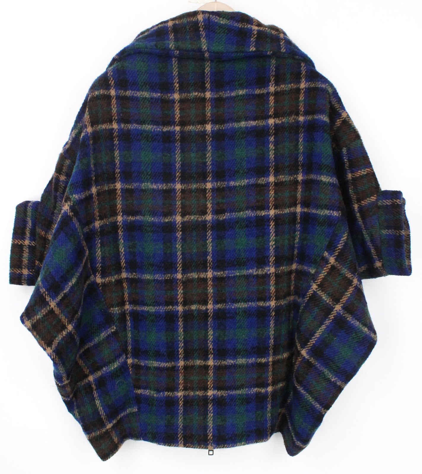 DESIGUAL Women's Coat EU 40 Blue Tartan Wool Blend Oversize Embroidered Kimono