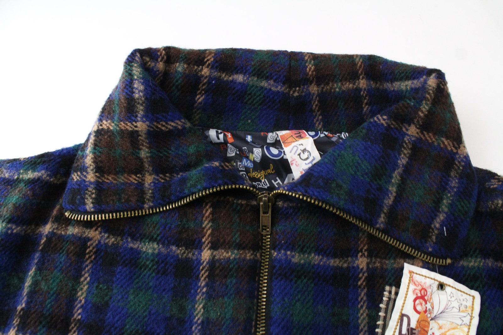 DESIGUAL Women's Coat EU 40 Blue Tartan Wool Blend Oversize Embroidered Kimono