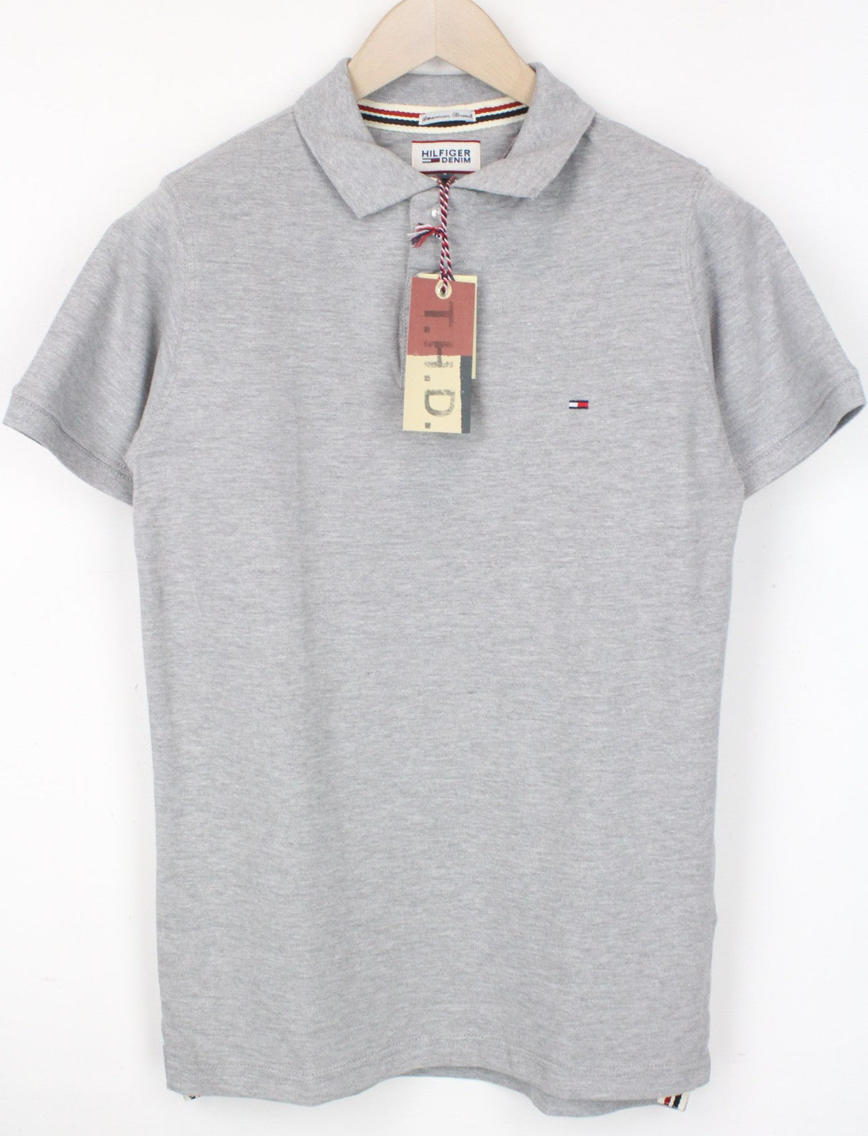 TOMMY HILFIGER DENIM Men T-Shirt S Light Grey Polo Tricot Melange Short Sleeve