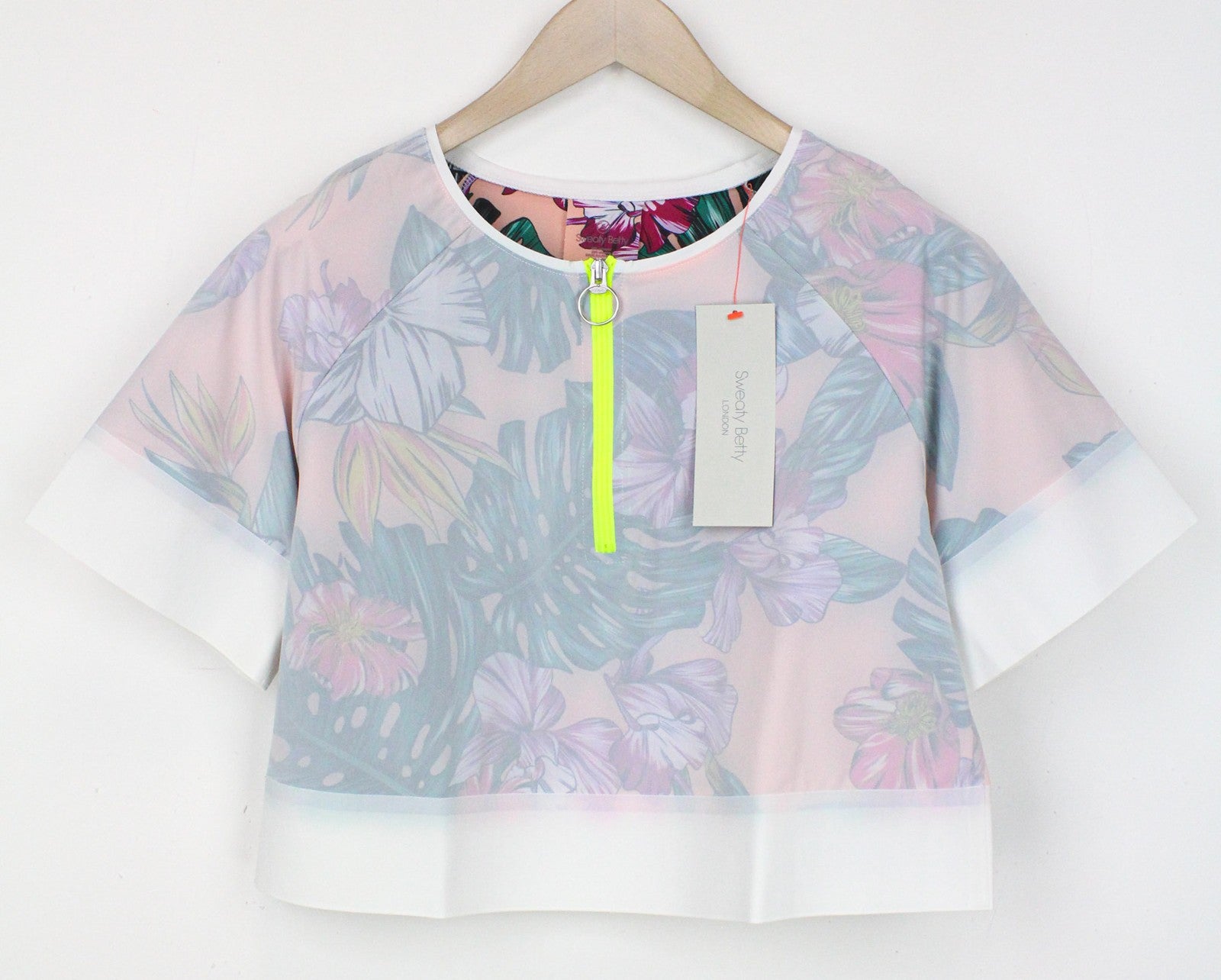 SWEATY BETTY Tournament Women Top S White Floral Cropped Tennis Sport Shirt