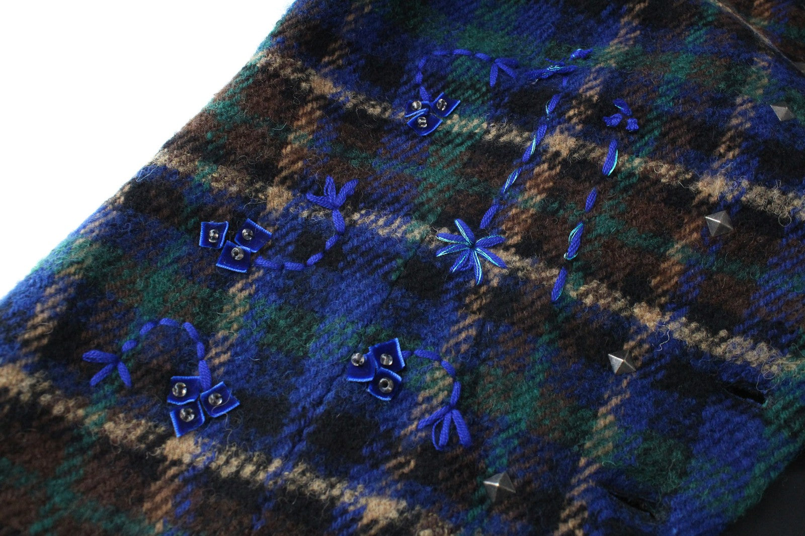 DESIGUAL Mula Women's Coat EU 38 Blue Check Wool Blend Logo Detail Embroidered