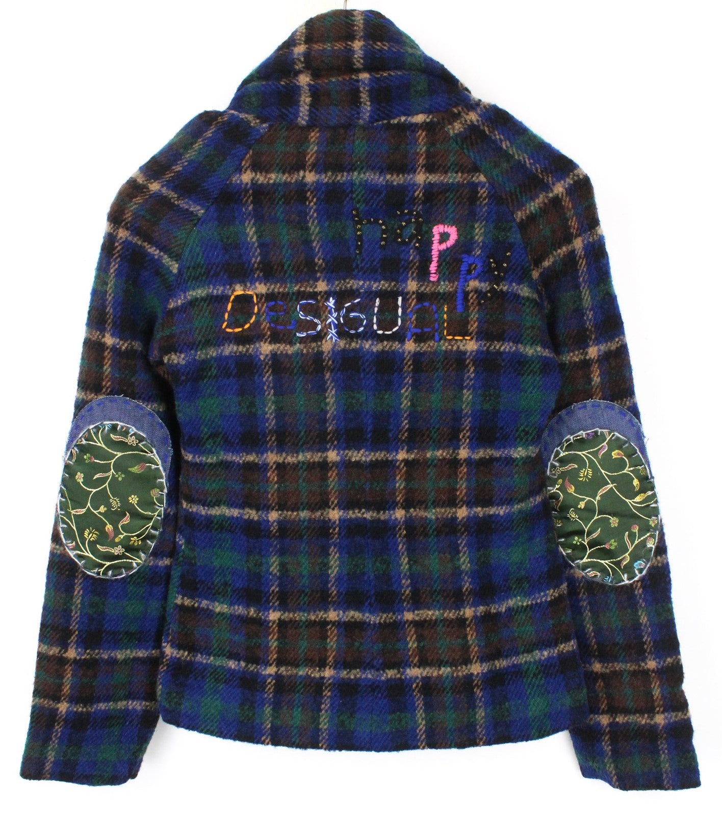 DESIGUAL Mula Women's Coat EU 38 Blue Check Wool Blend Logo Detail Embroidered