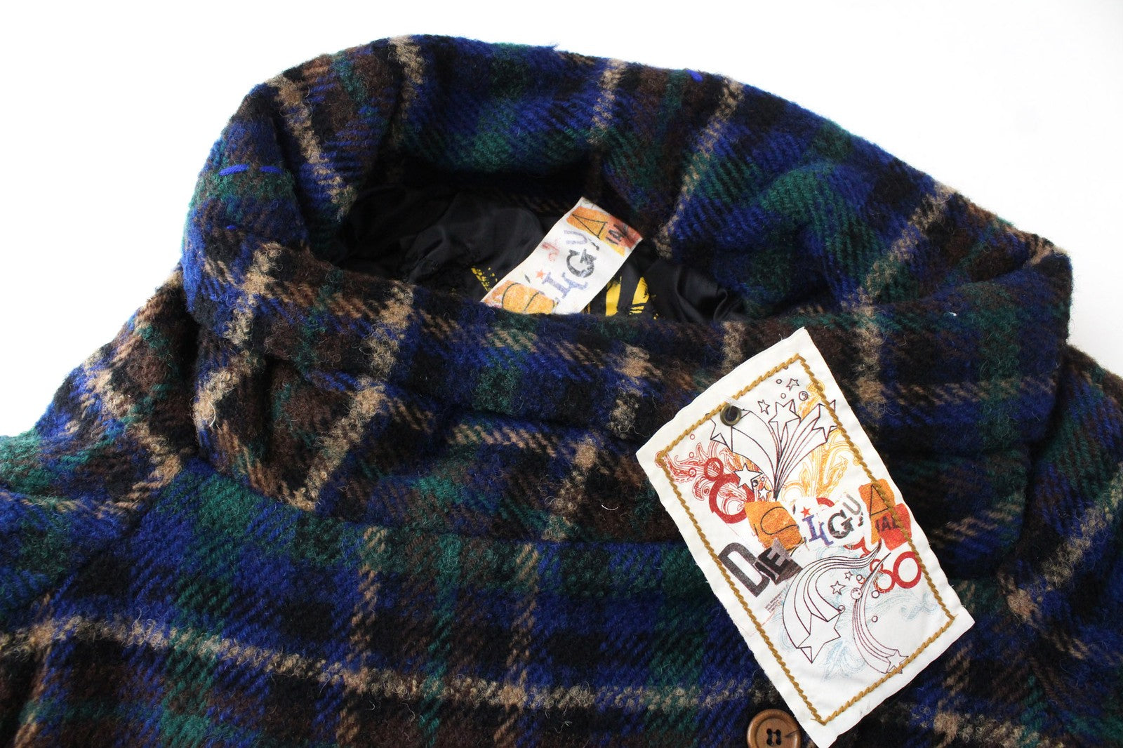 DESIGUAL Mula Women's Coat EU 38 Blue Check Wool Blend Logo Detail Embroidered