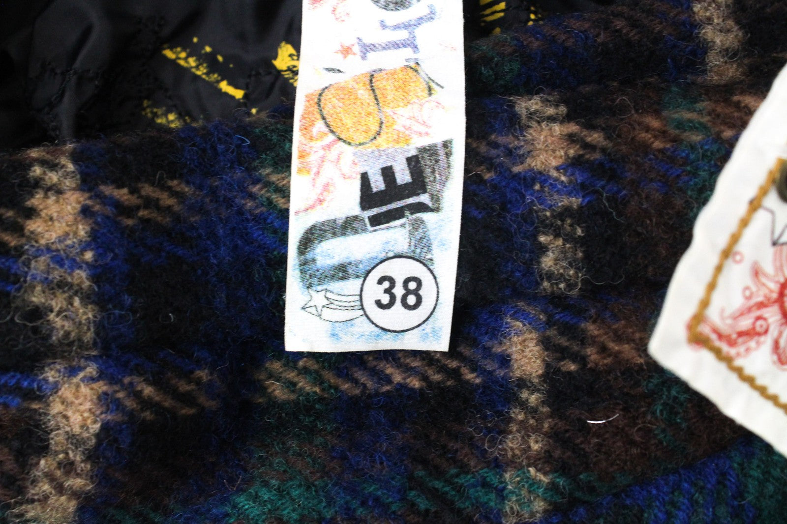 DESIGUAL Mula Women's Coat EU 38 Blue Check Wool Blend Logo Detail Embroidered