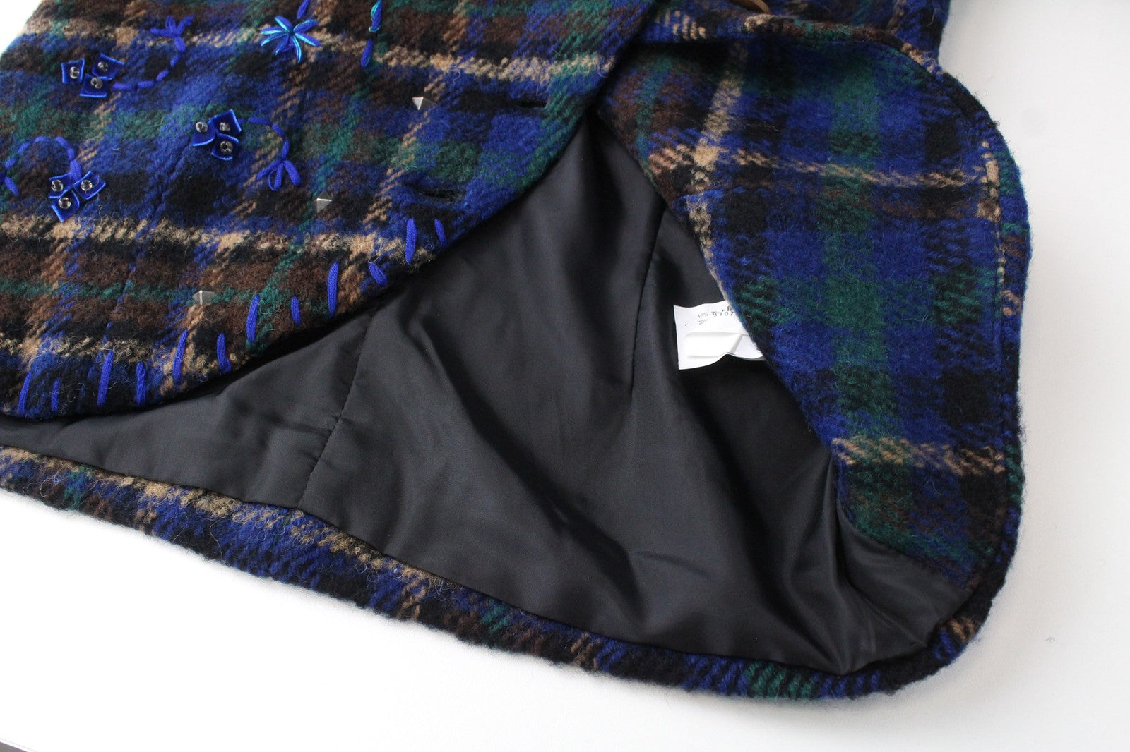 DESIGUAL Mula Women's Coat EU 38 Blue Check Wool Blend Logo Detail Embroidered