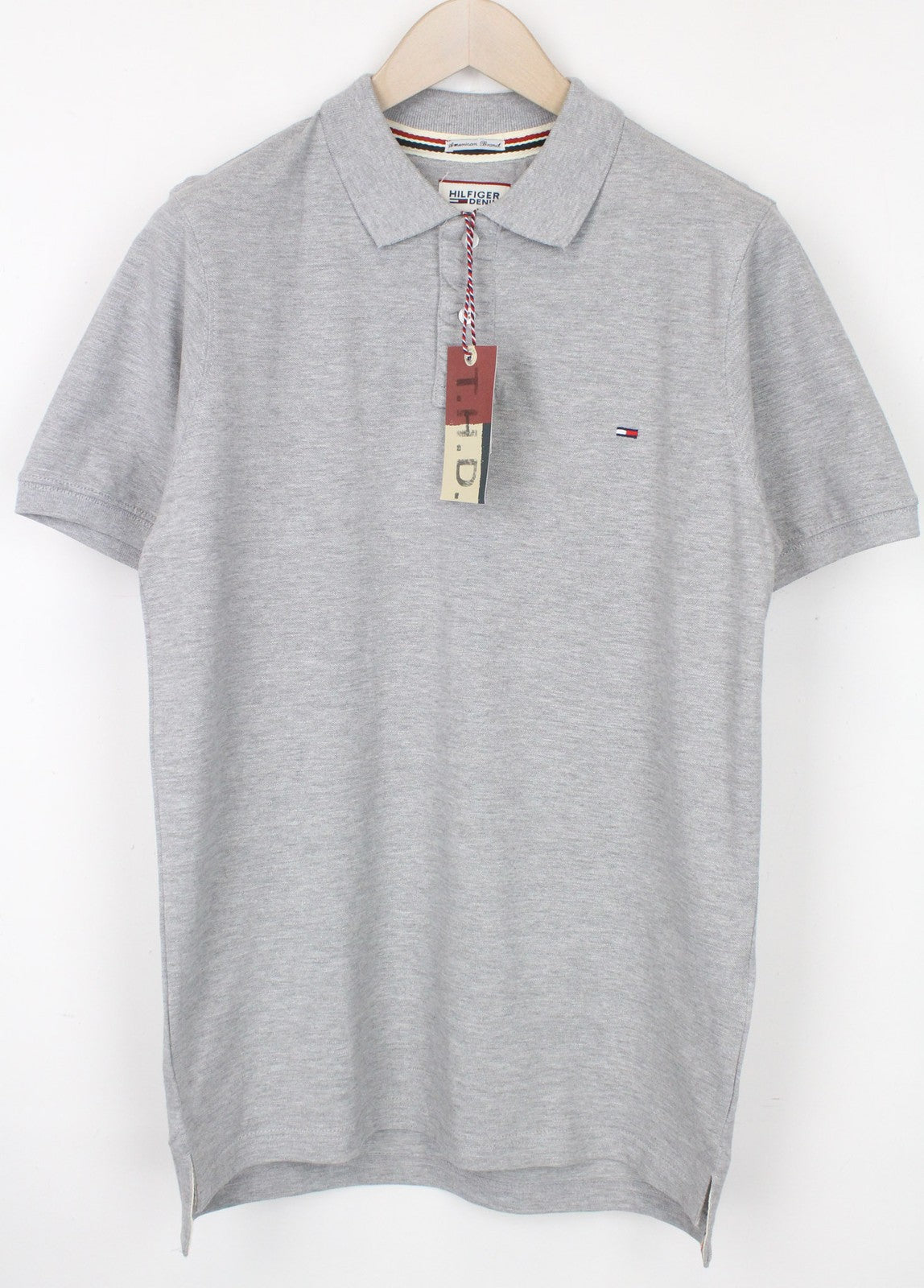 TOMMY HILFIGER DENIM Men T-Shirt L Grey Cotton Polo Jersey Classic Logo Tee