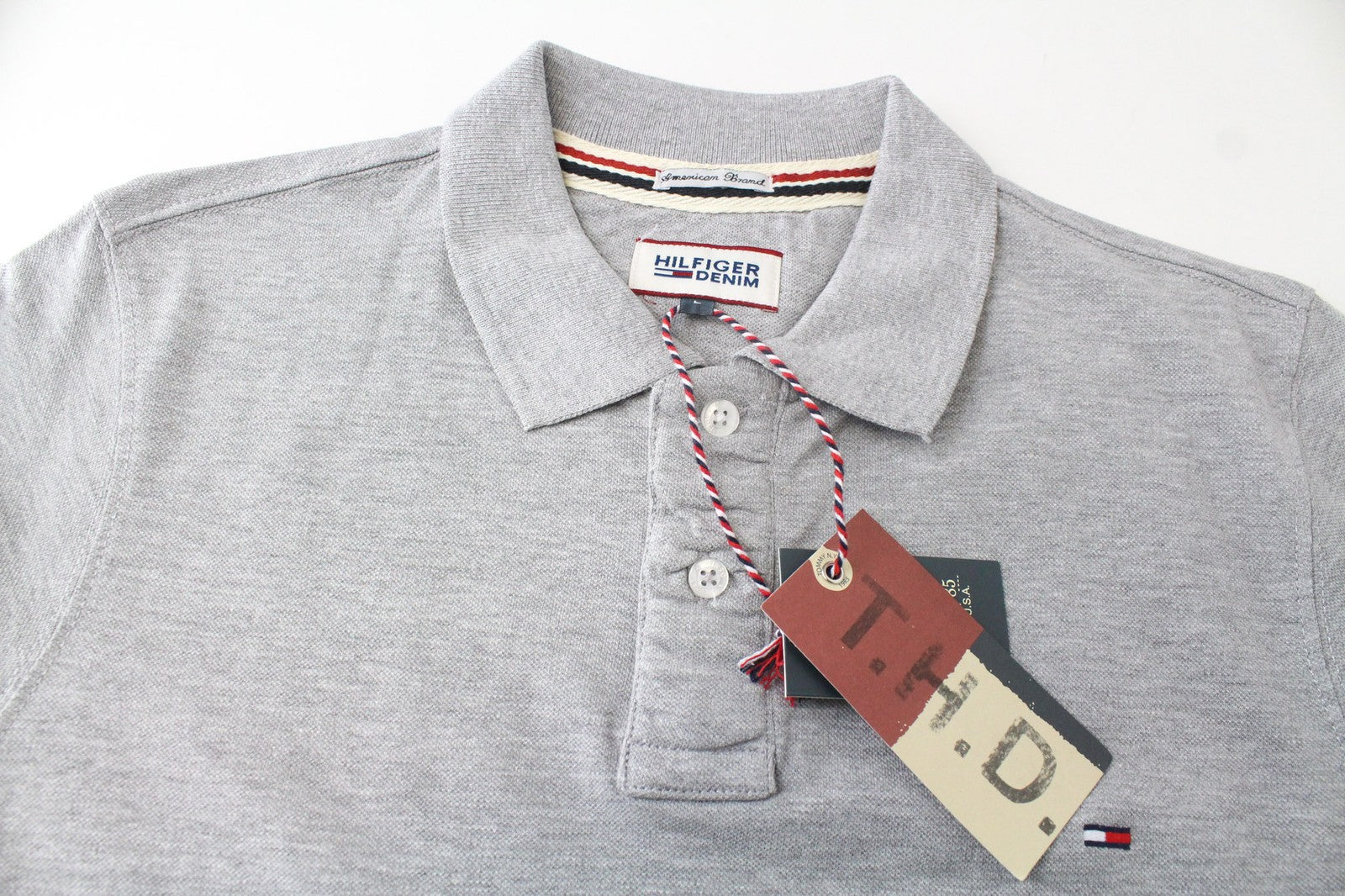 TOMMY HILFIGER DENIM Men T-Shirt L Grey Cotton Polo Jersey Classic Logo Tee