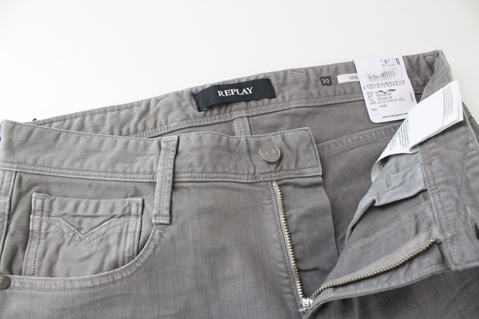 REPLAY Anbass Men's Jeans W30/L34 Slim Grey Stretch Cotton 5-Pocket Denim Pants