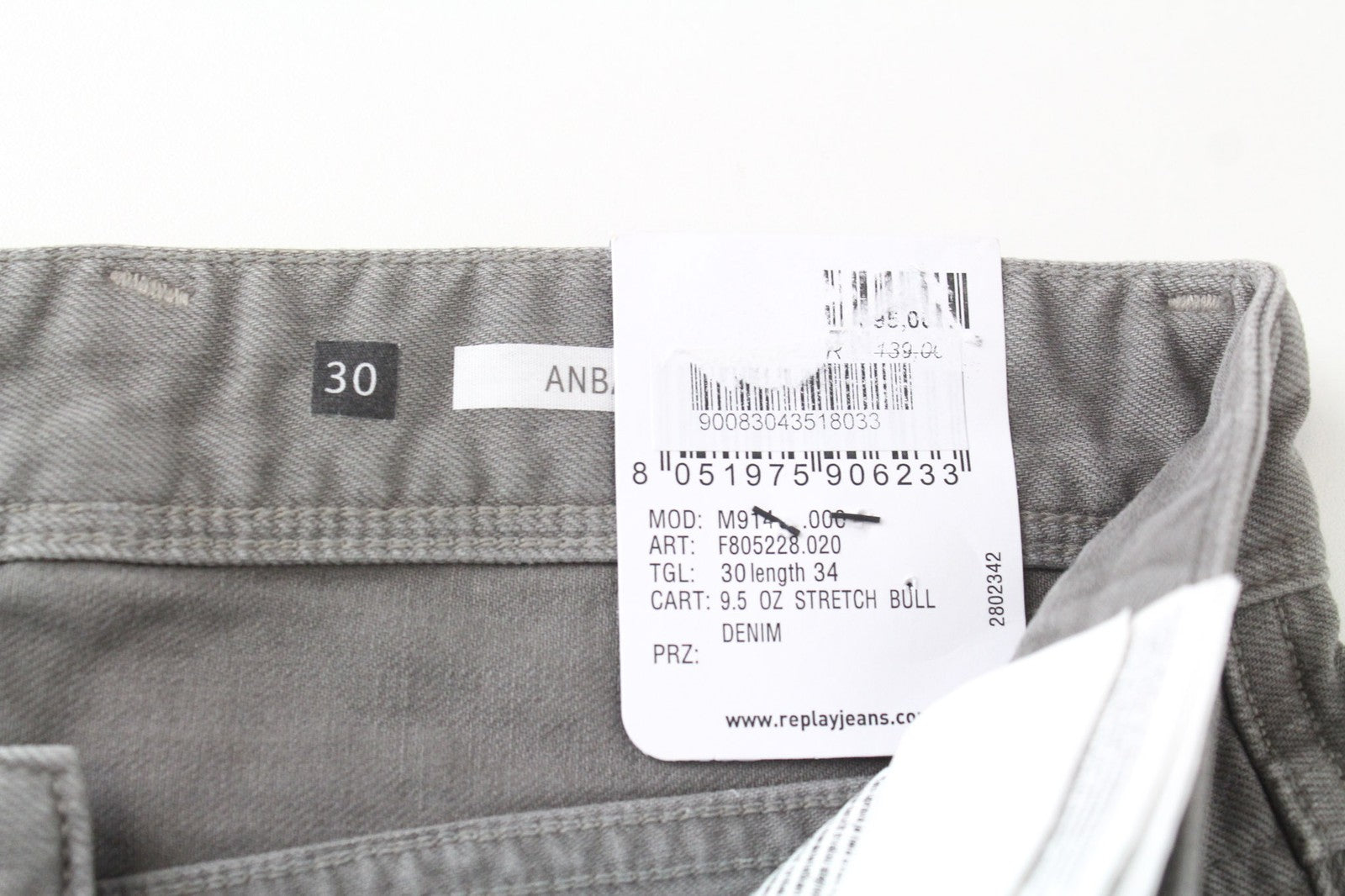 REPLAY Anbass Men's Jeans W30/L34 Slim Grey Stretch Cotton 5-Pocket Denim Pants