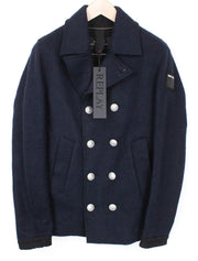 REPLAY Men's Jacket M Navy Blue Wool Blend Double-Breasted Lined Outerwear