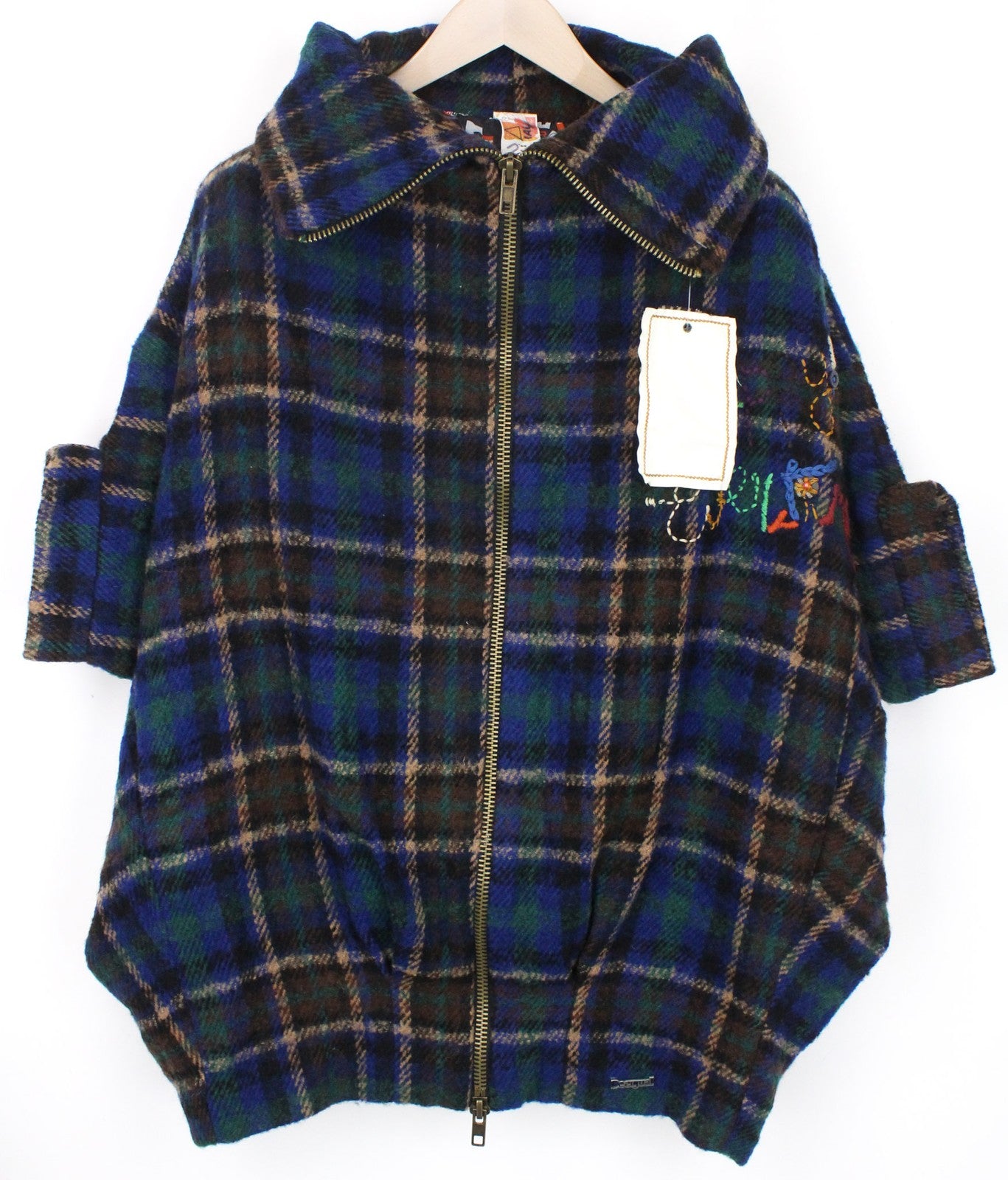 DESIGUAL Women Coat EU42 Blue Tartan Oversize Kimono Style Wool Blend Coat