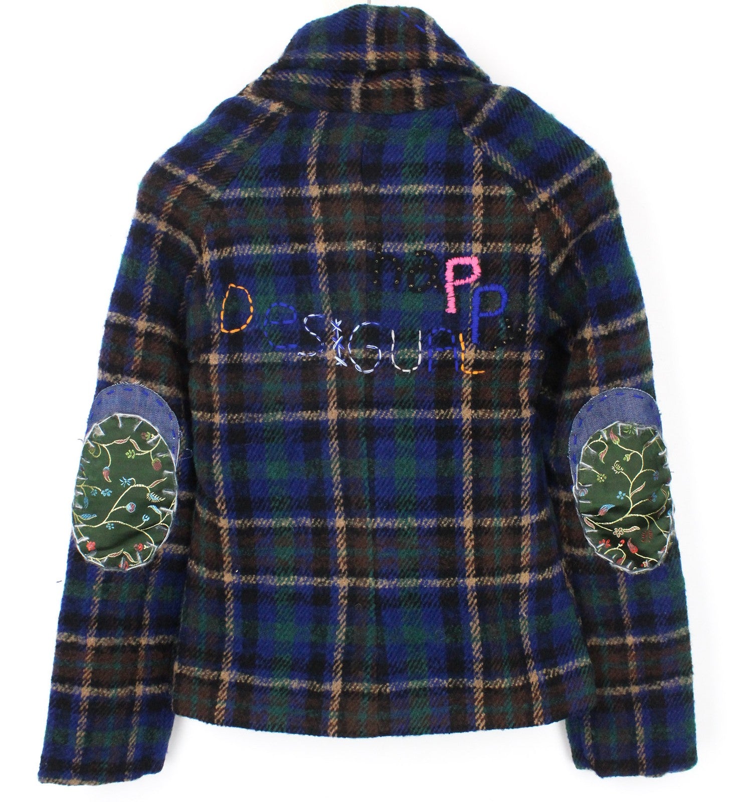 DESIGUAL Women's Jacket 38 Blue Green Wool Blend Embroidered Check Casual Coat