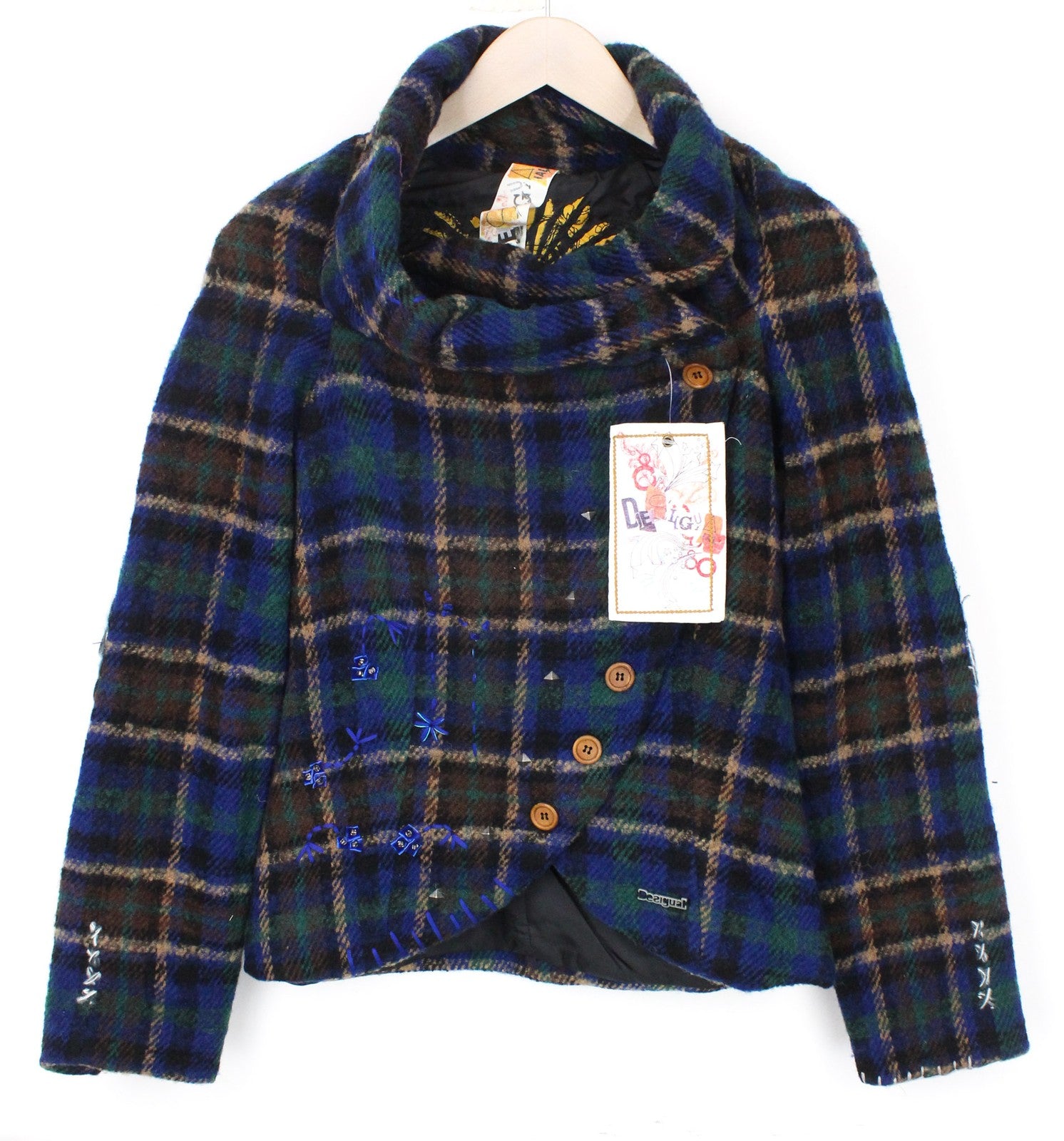 DESIGUAL Women's Jacket 38 Blue Green Wool Blend Embroidered Check Casual Coat