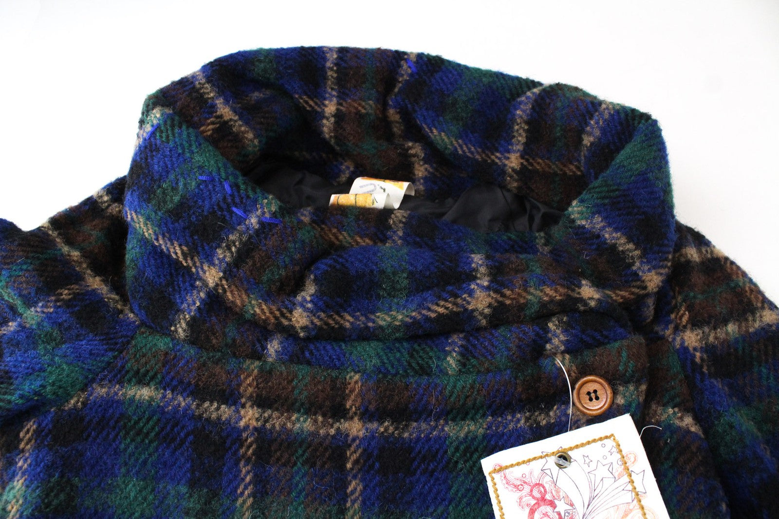 DESIGUAL Women's Jacket 38 Blue Green Wool Blend Embroidered Check Casual Coat