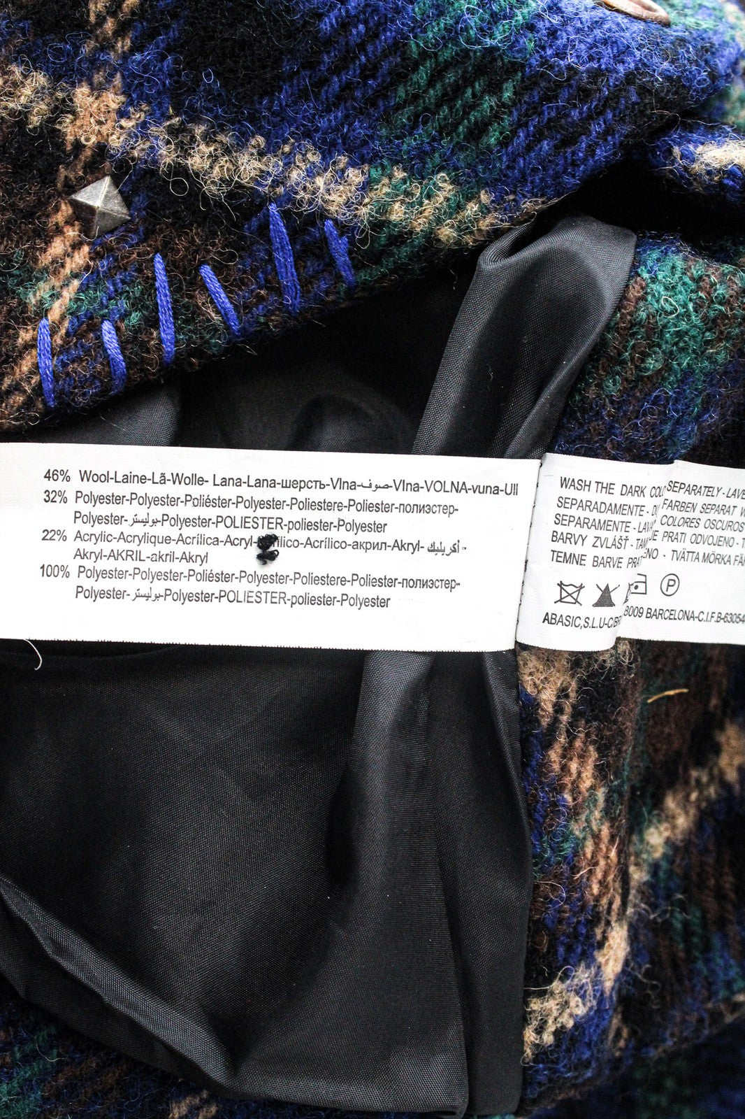 DESIGUAL Women's Jacket 38 Blue Green Wool Blend Embroidered Check Casual Coat