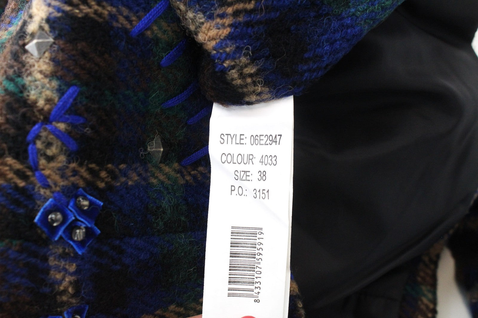 DESIGUAL Women's Jacket 38 Blue Green Wool Blend Embroidered Check Casual Coat