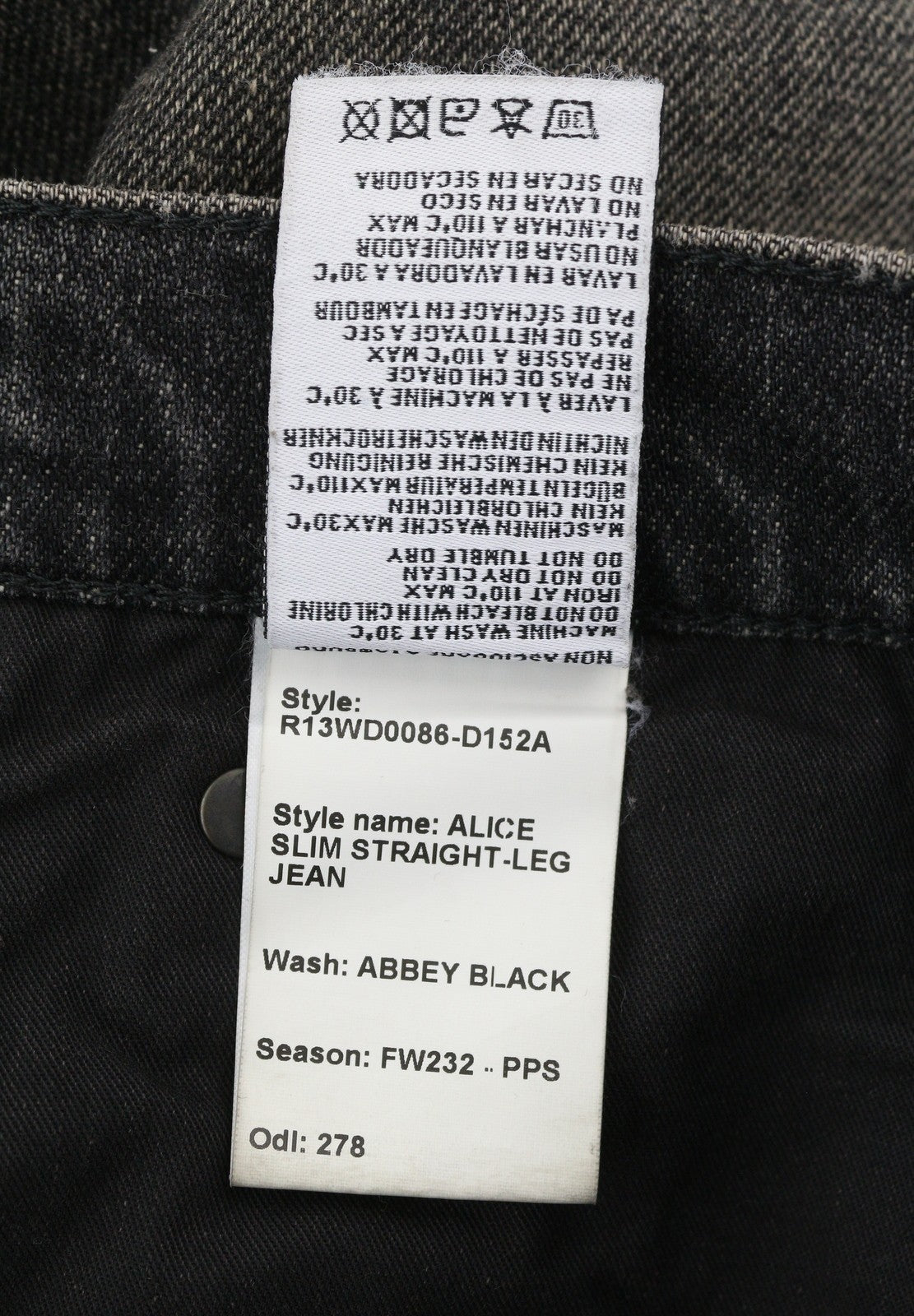 R13 Alice Slim Straight Leg Women Jeans 27 Abbey Black Faded Washed Zip Fly