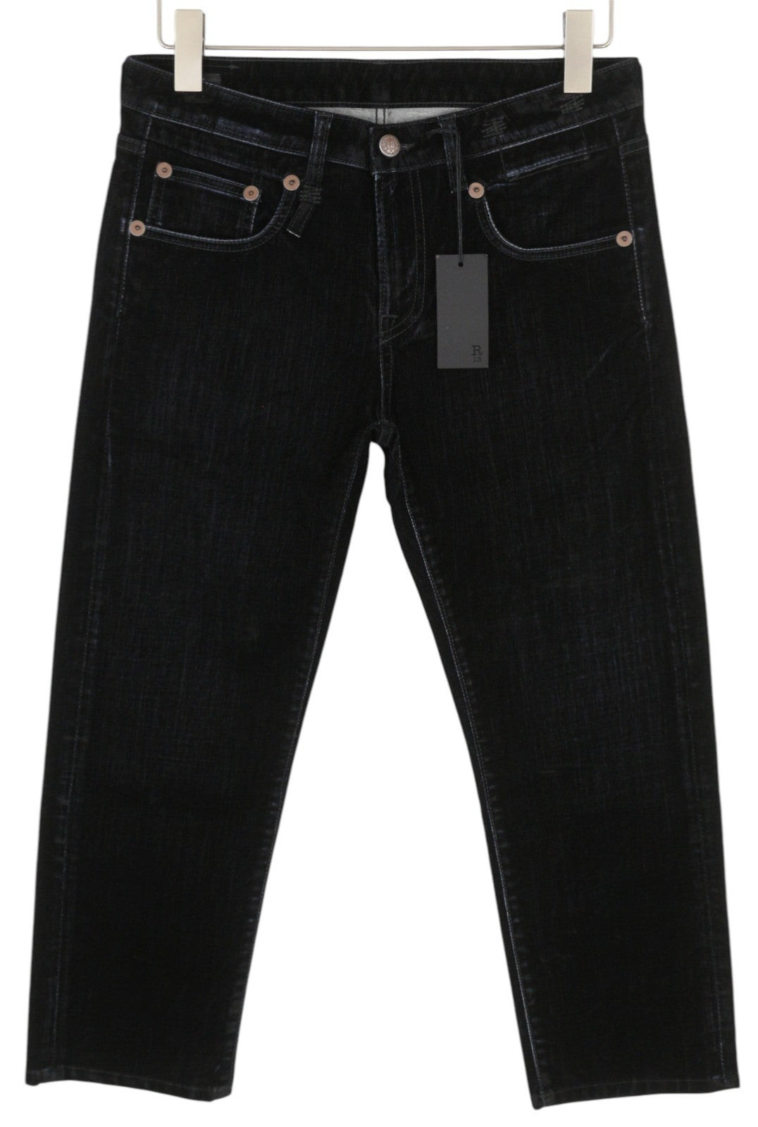 R13 Boy Straight Women Trousers 27 Flocked Black Velvet Ankle Cropped Zip Fly