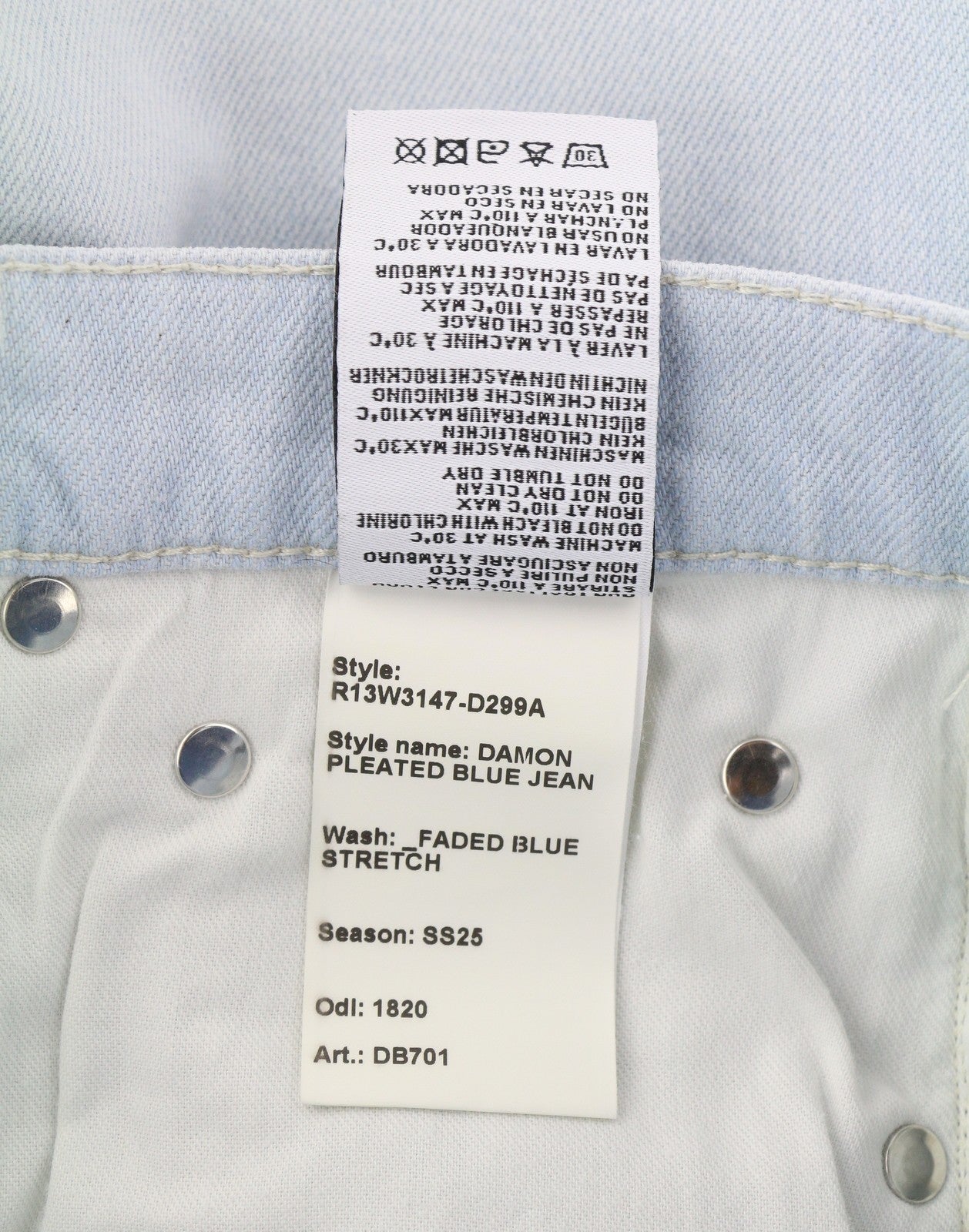 R13 Damon Pleated Blue Women Jeans 23 Faded Blue Stretch Washed Wide Leg RRP€595