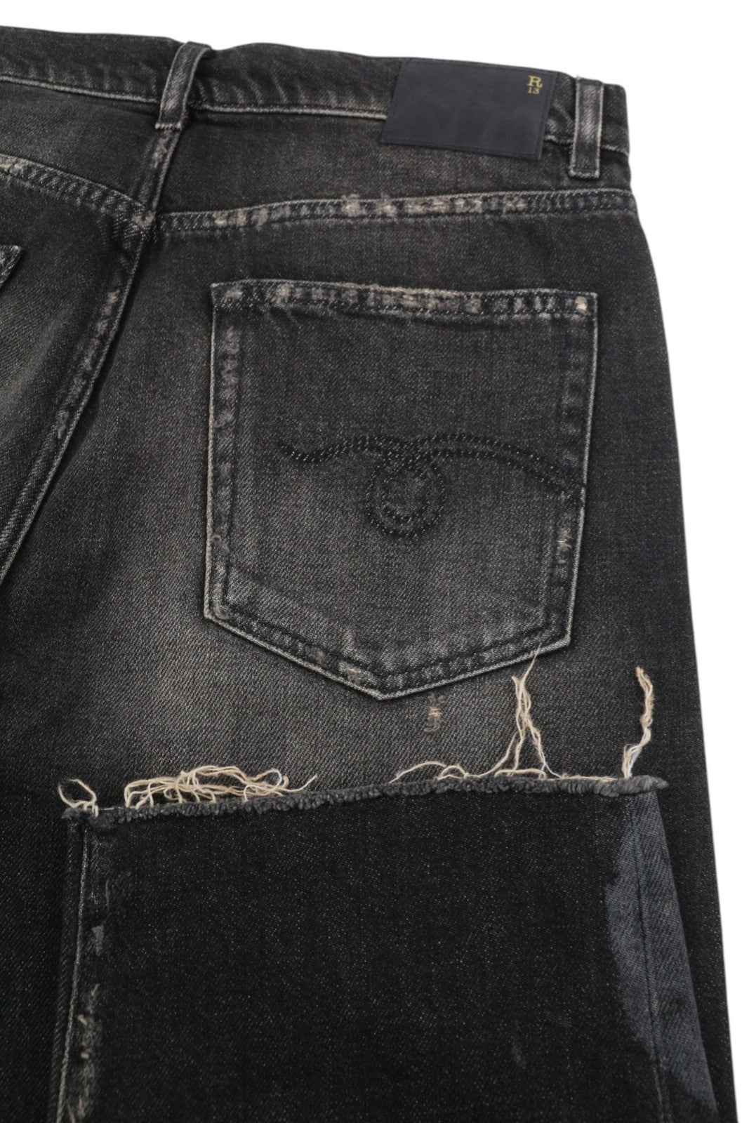 R13 Boyfriend Women Jeans 30 Abbey Black Washed Distressed Hem Relaxed Denim