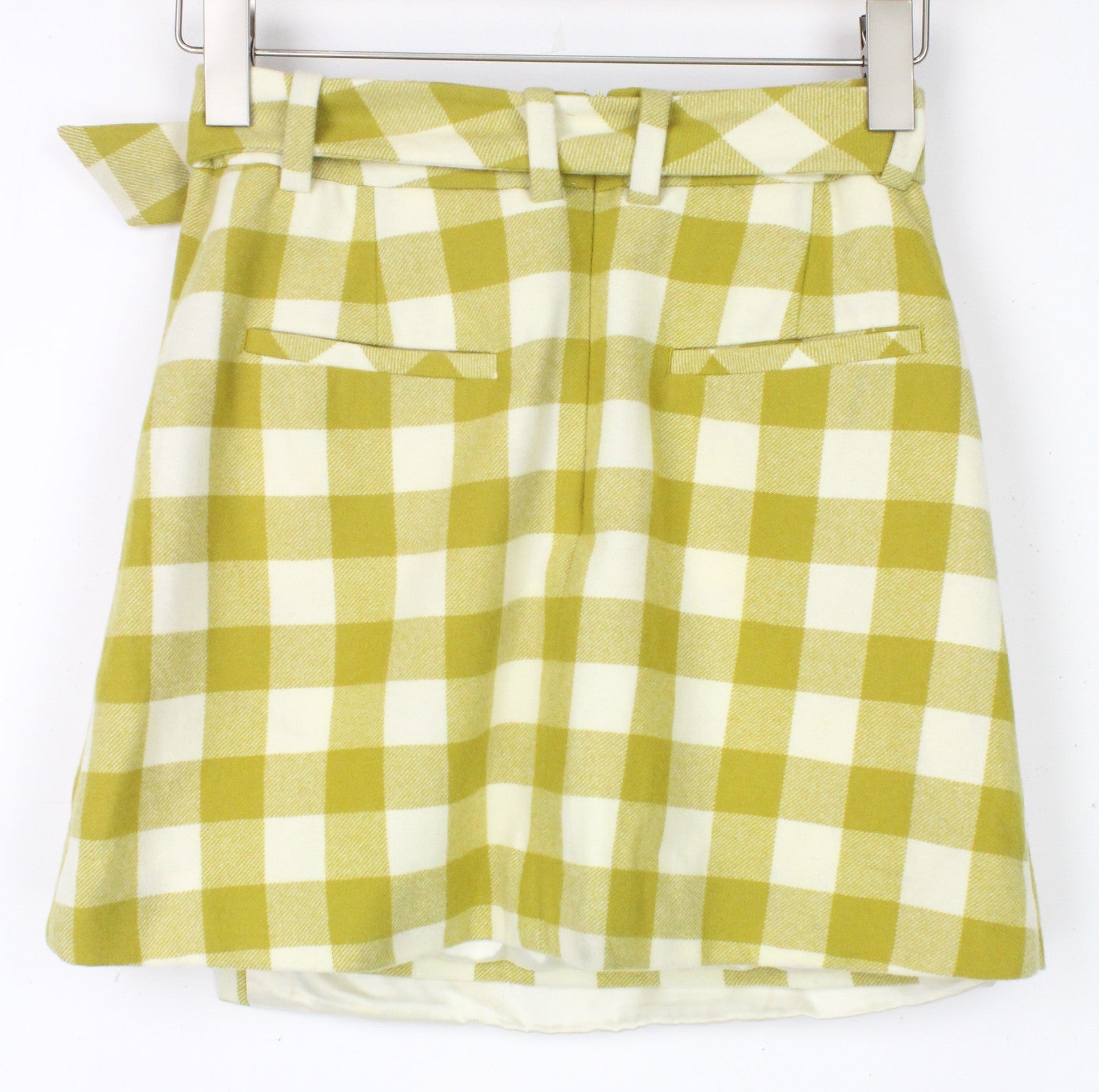SUISTUDIO Calvin Women's Skirt UK8 Green Checked Pure Wool Lined Belted Mini