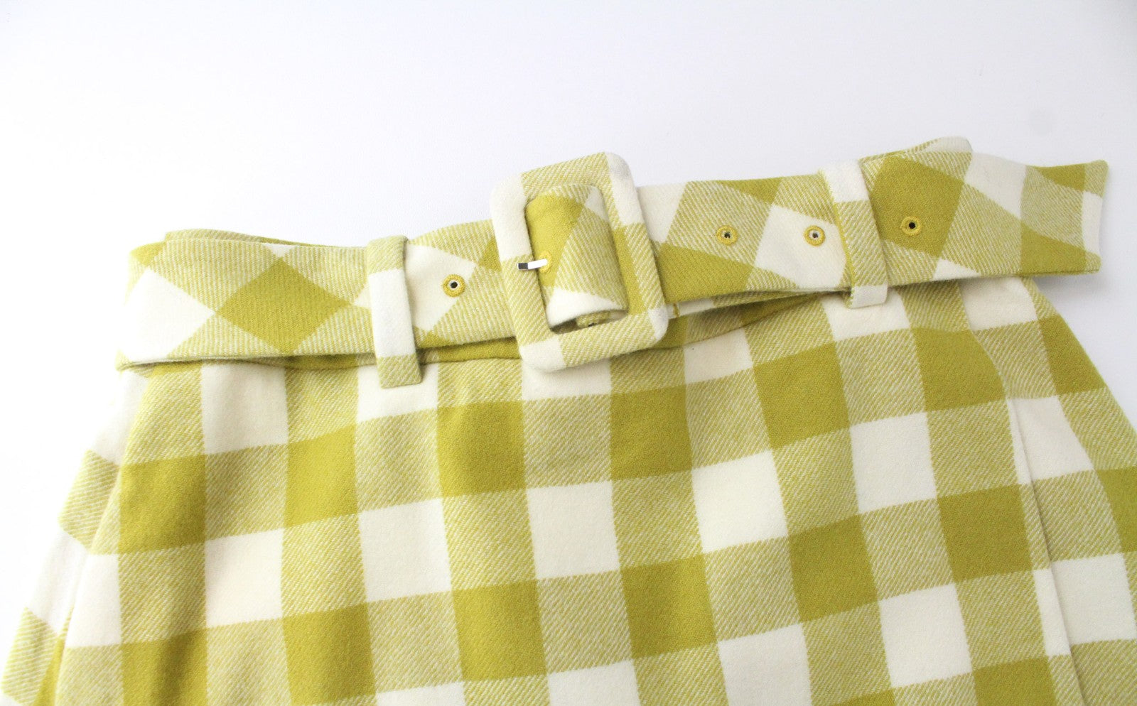 SUISTUDIO Calvin Women's Skirt UK8 Green Checked Pure Wool Lined Belted Mini